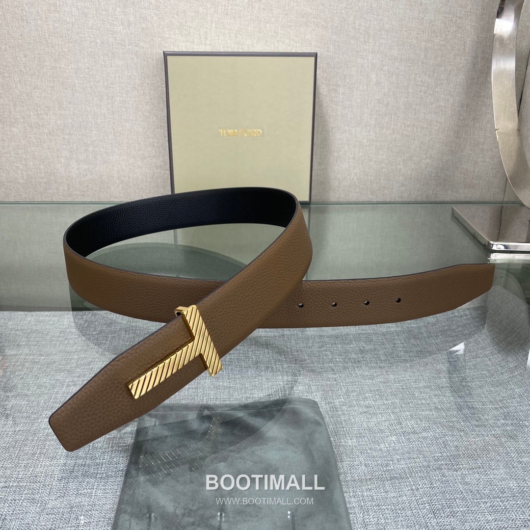 Tom Ford Calfskin Leather Reversible Belt with Logo Buckle Gold-Plated 톰포드 카프스킨 레더 리버서블 벨트 로고 버클 황동 베이스 금도금 3.5cm 3