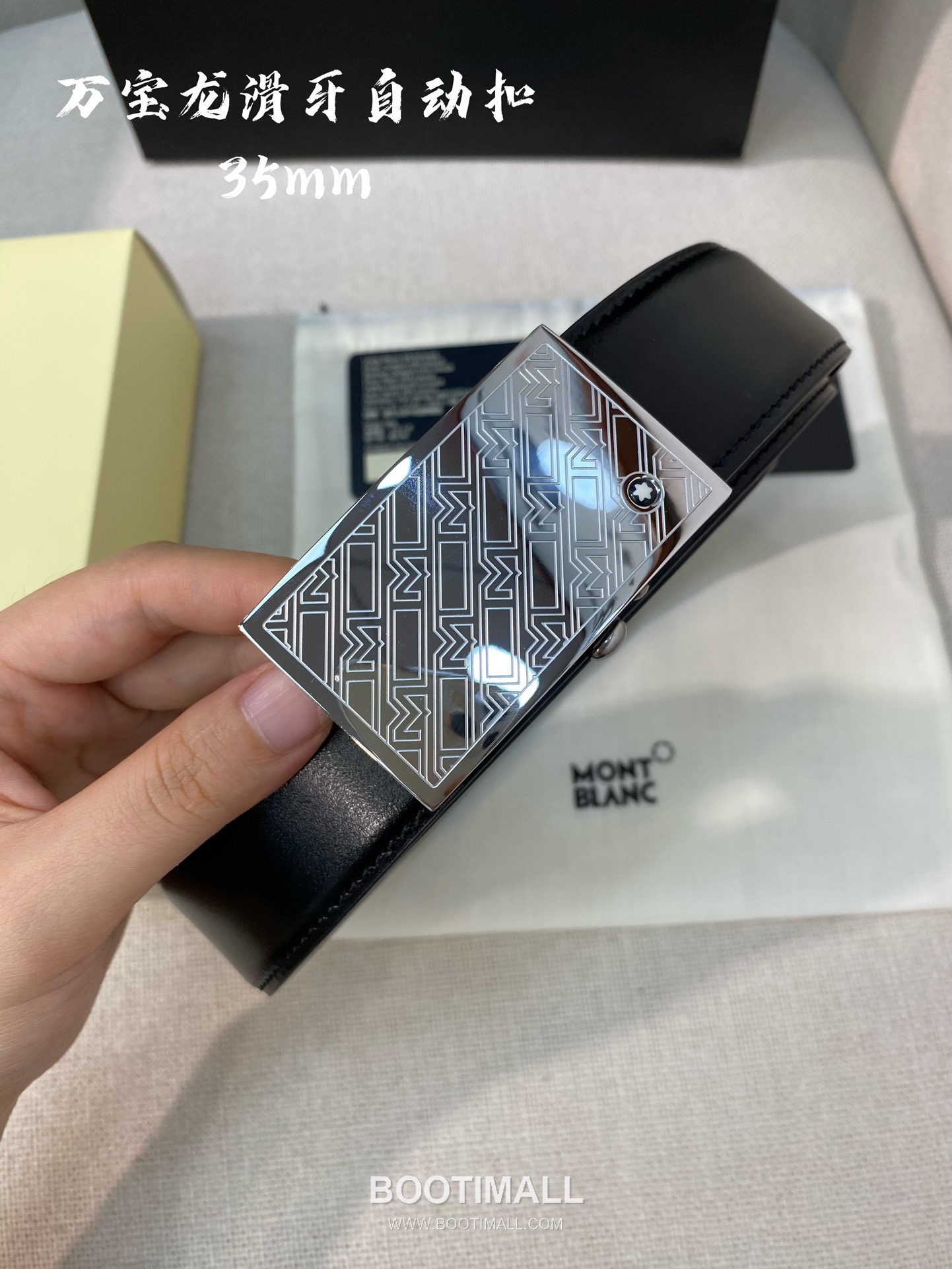 Montblanc Calfskin Leather Belt with Automatic Buckle Palladium 몽블랑 카프스킨 레더 벨트 오토매틱 버클 스테인리스 스틸 팔라듐 피니시 3.4cm 2