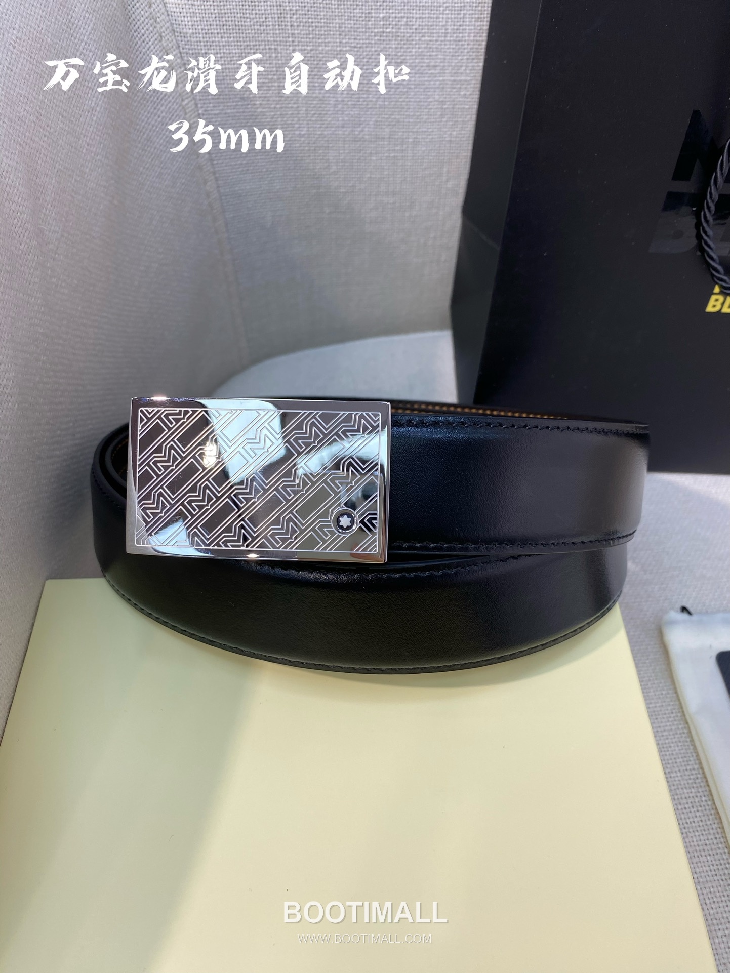 Montblanc Calfskin Leather Belt with Automatic Buckle Palladium 몽블랑 카프스킨 레더 벨트 오토매틱 버클 스테인리스 스틸 팔라듐 피니시 3.4cm 3