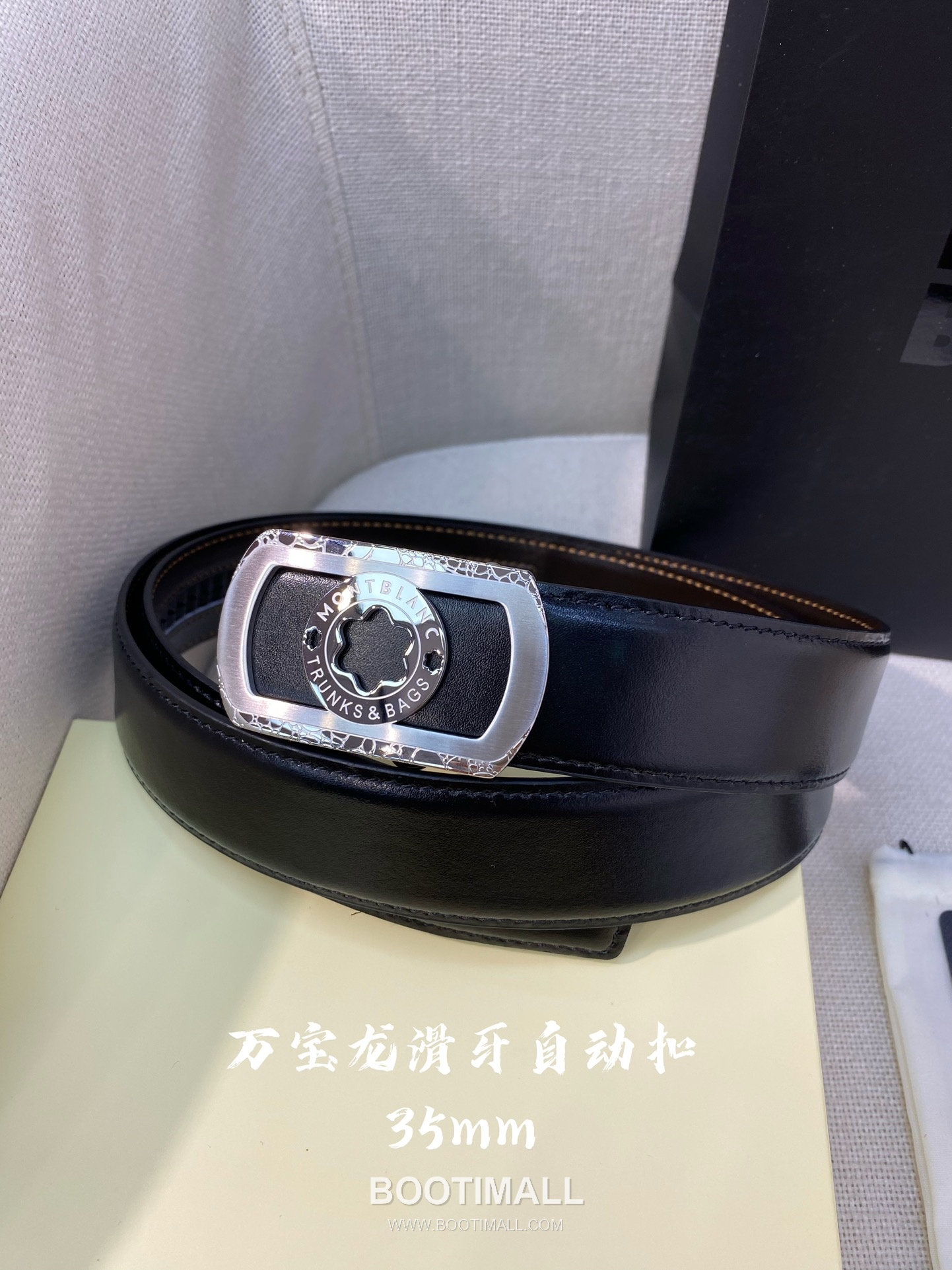 Montblanc Calfskin Leather Belt with Automatic Buckle Palladium 몽블랑 카프스킨 레더 벨트 오토매틱 버클 스테인리스 스틸 팔라듐 피니시 3.4cm 3