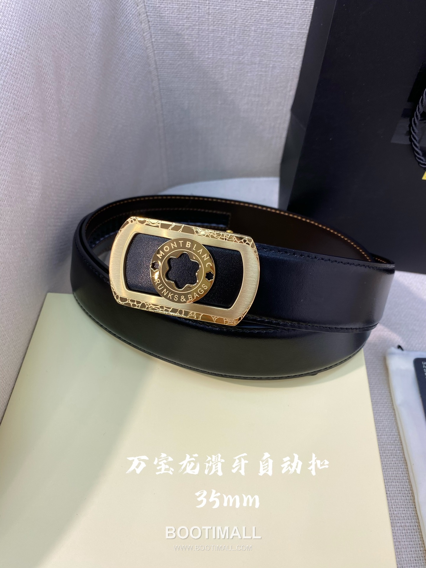 Montblanc Calfskin Leather Belt with Automatic Buckle Palladium 몽블랑 카프스킨 레더 벨트 오토매틱 버클 스테인리스 스틸 팔라듐 피니시 3.4cm 3