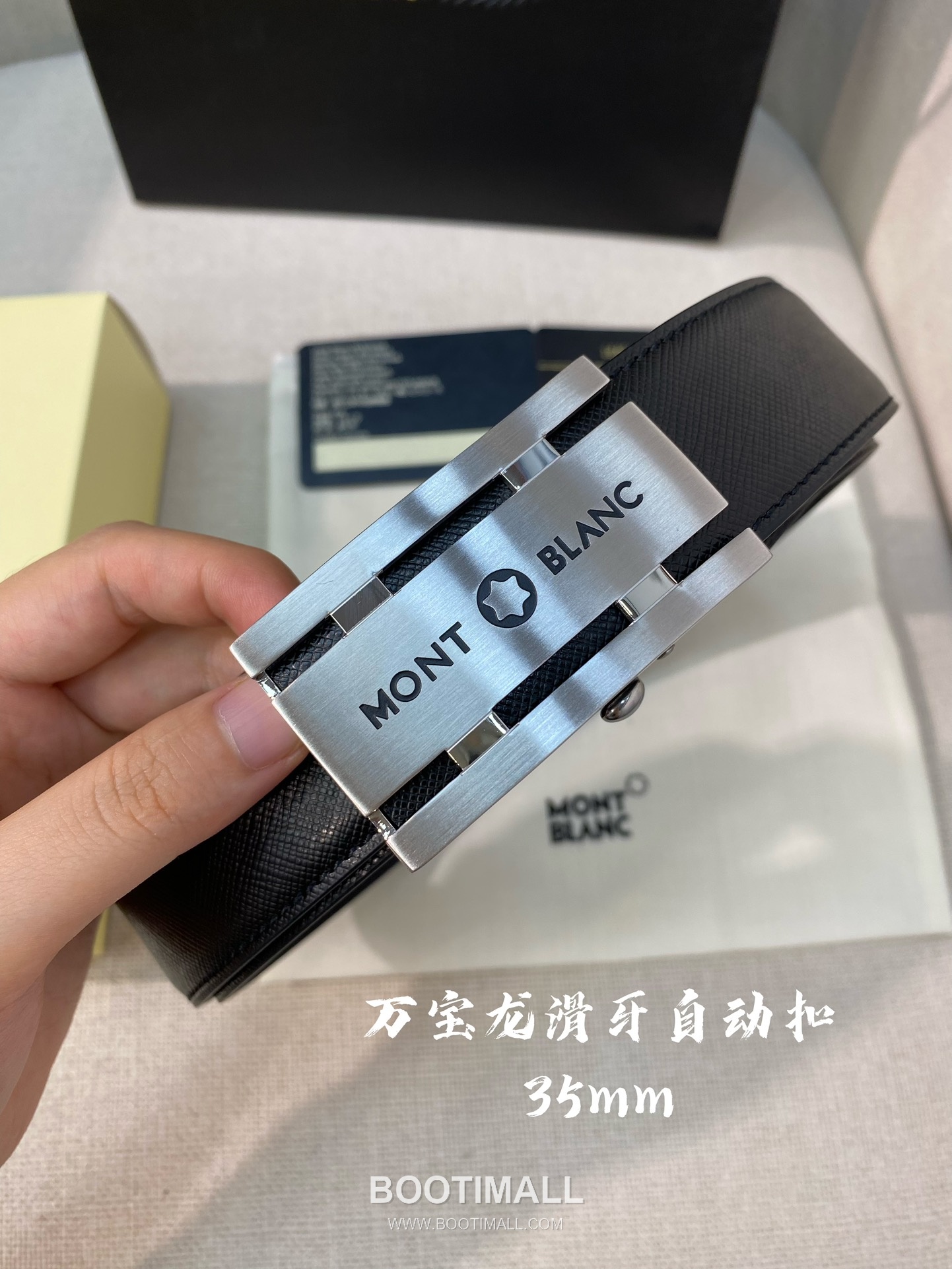 Montblanc Calfskin Leather Belt with Automatic Buckle Palladium 몽블랑 카프스킨 레더 벨트 오토매틱 버클 스테인리스 스틸 팔라듐 피니시 3.4cm 2