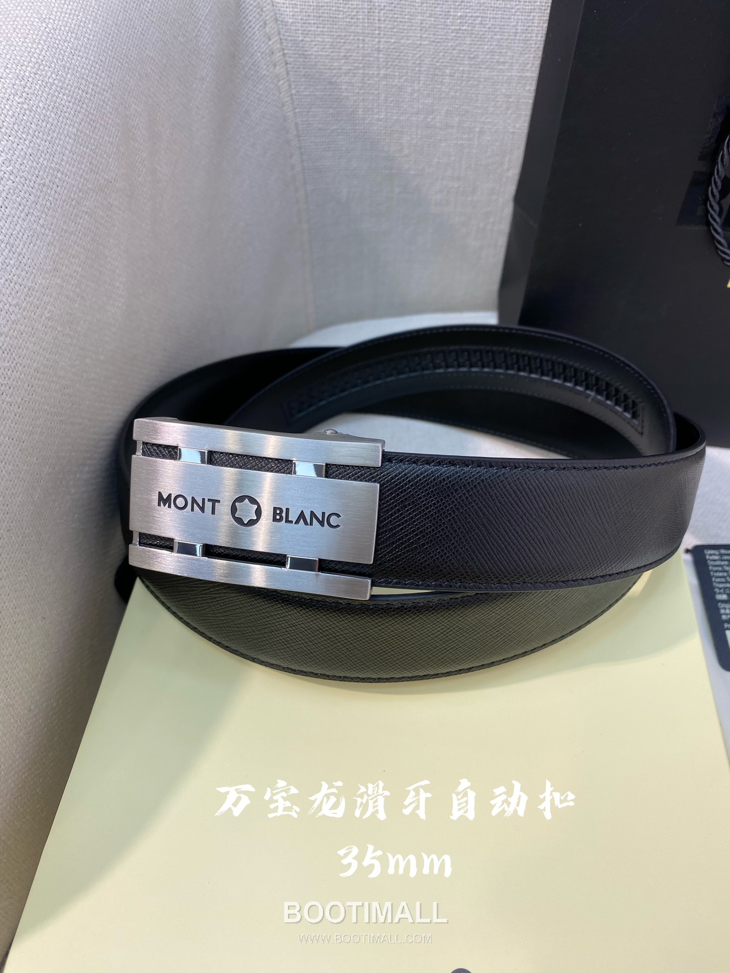 Montblanc Calfskin Leather Belt with Automatic Buckle Palladium 몽블랑 카프스킨 레더 벨트 오토매틱 버클 스테인리스 스틸 팔라듐 피니시 3.4cm 3