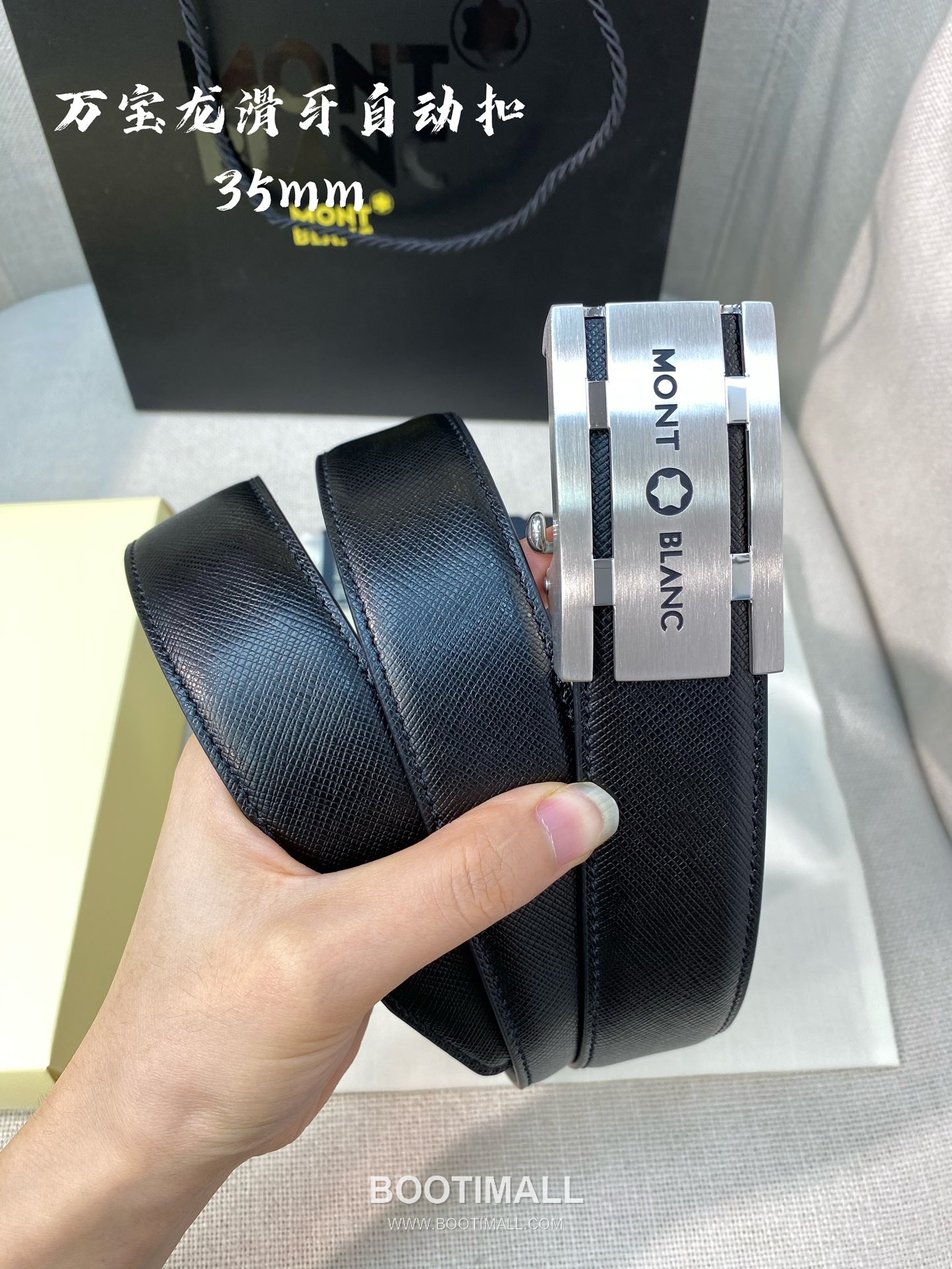 Montblanc Calfskin Leather Belt with Automatic Buckle Palladium 몽블랑 카프스킨 레더 벨트 오토매틱 버클 스테인리스 스틸 팔라듐 피니시 3.4cm 6