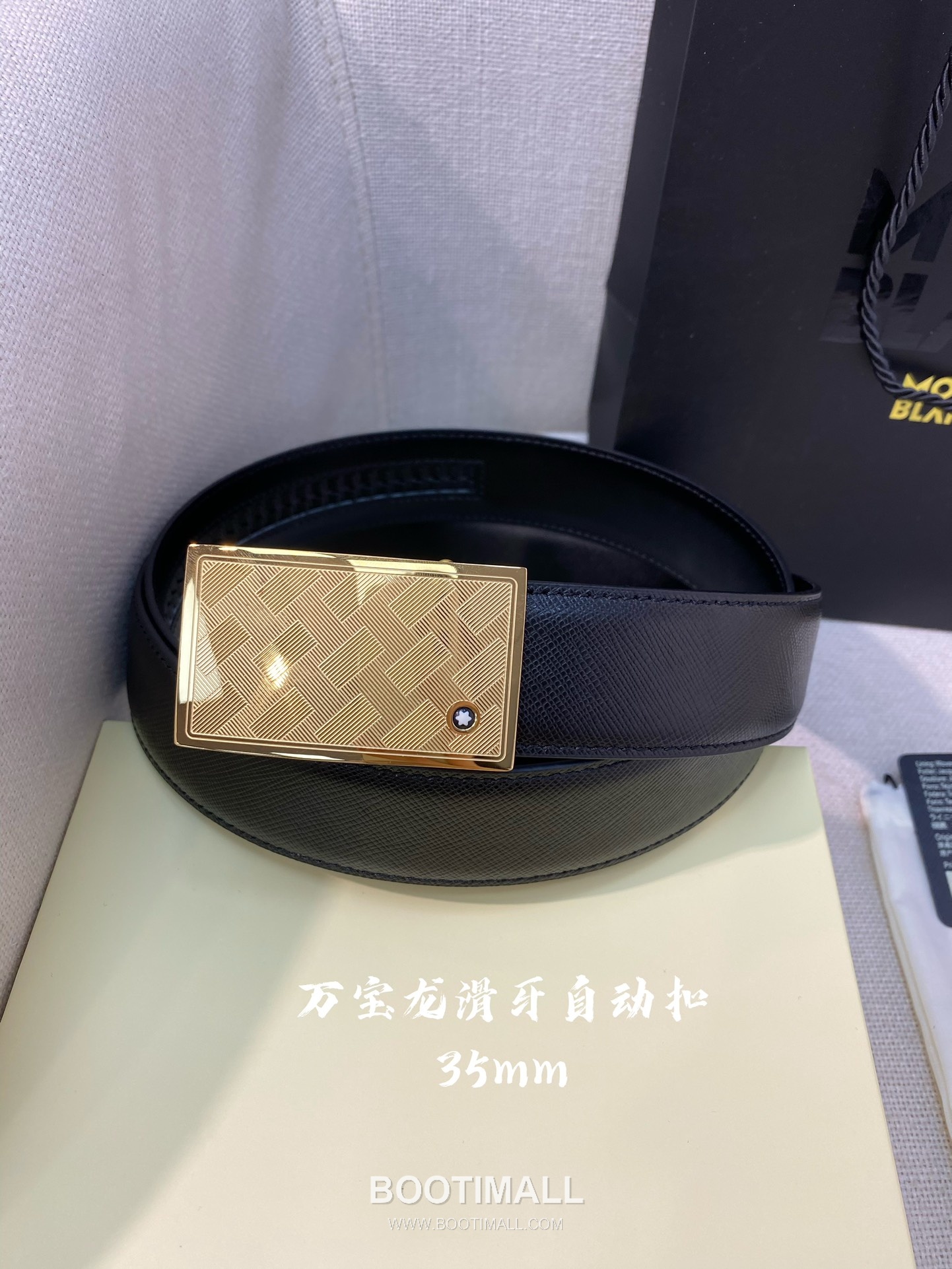 Montblanc Calfskin Leather Belt with Automatic Buckle Palladium 몽블랑 카프스킨 레더 벨트 오토매틱 버클 스테인리스 스틸 팔라듐 피니시 3.4cm 3