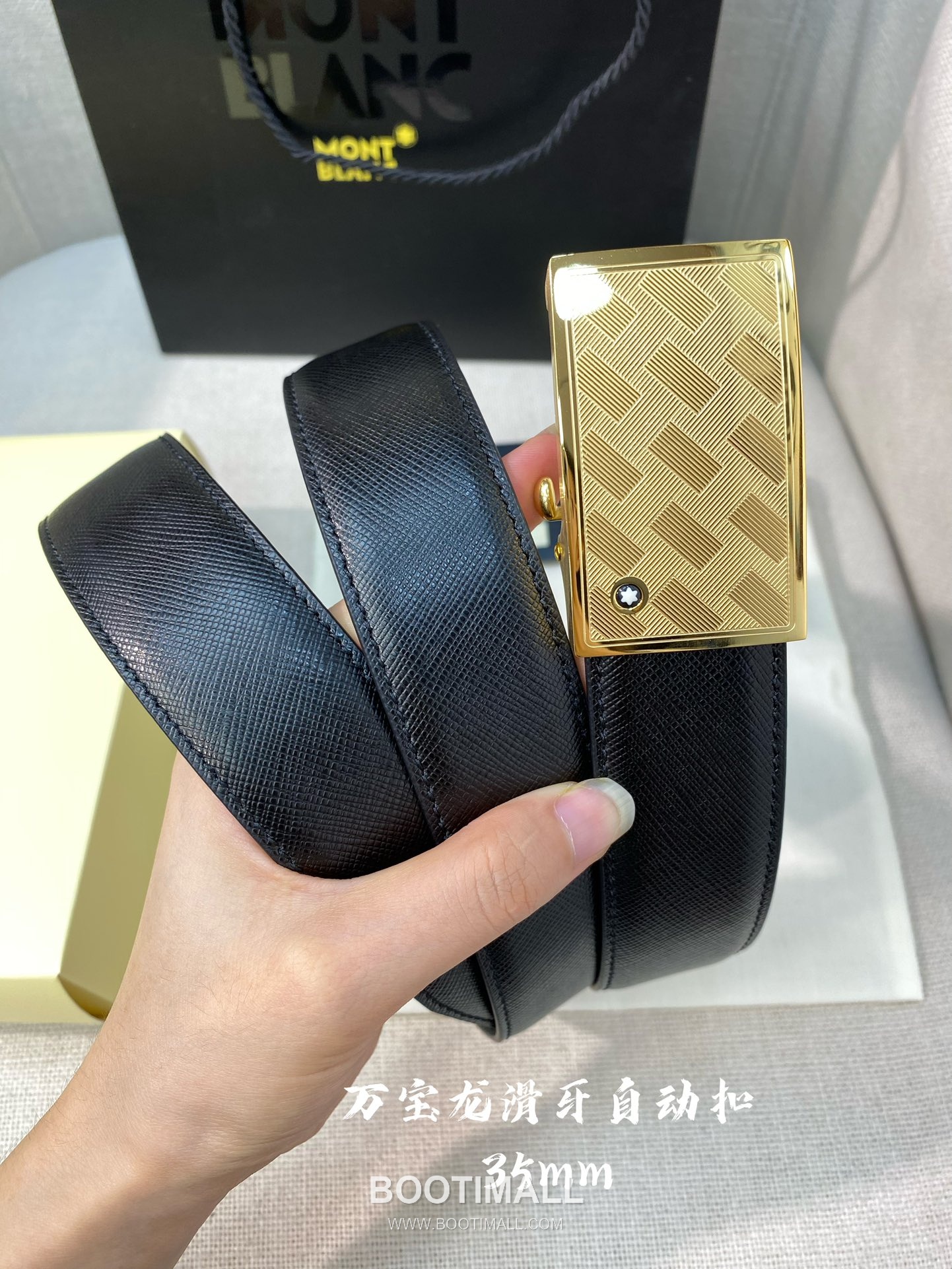 Montblanc Calfskin Leather Belt with Automatic Buckle Palladium 몽블랑 카프스킨 레더 벨트 오토매틱 버클 스테인리스 스틸 팔라듐 피니시 3.4cm 6
