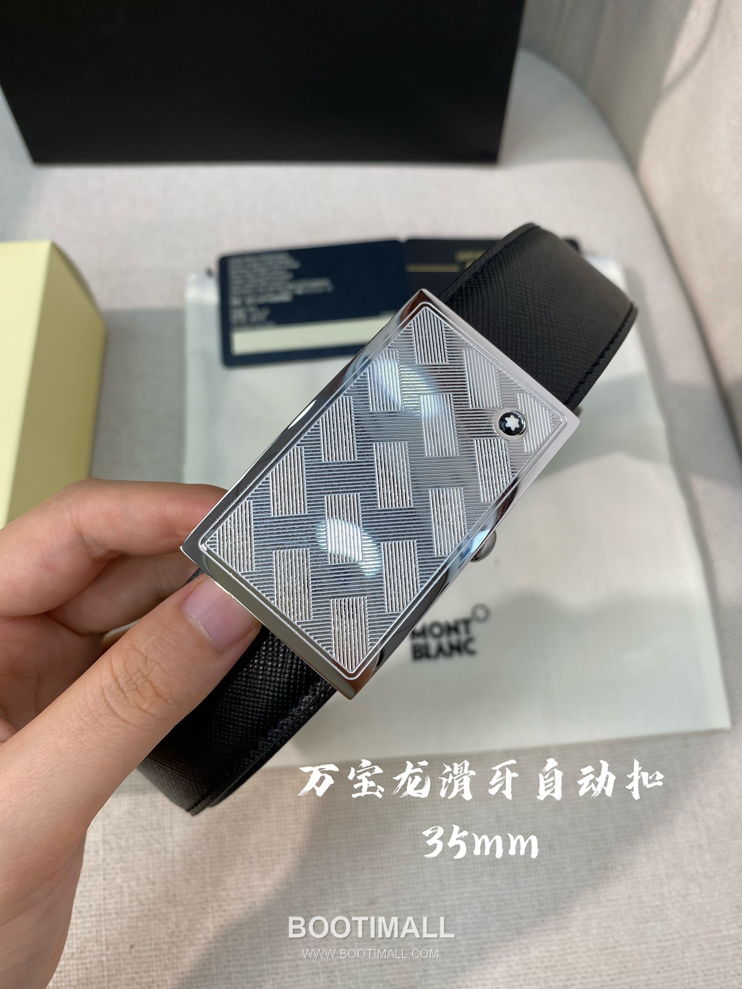 Montblanc Calfskin Leather Belt with Automatic Buckle Palladium 몽블랑 카프스킨 레더 벨트 오토매틱 버클 스테인리스 스틸 팔라듐 피니시 3.4cm 2