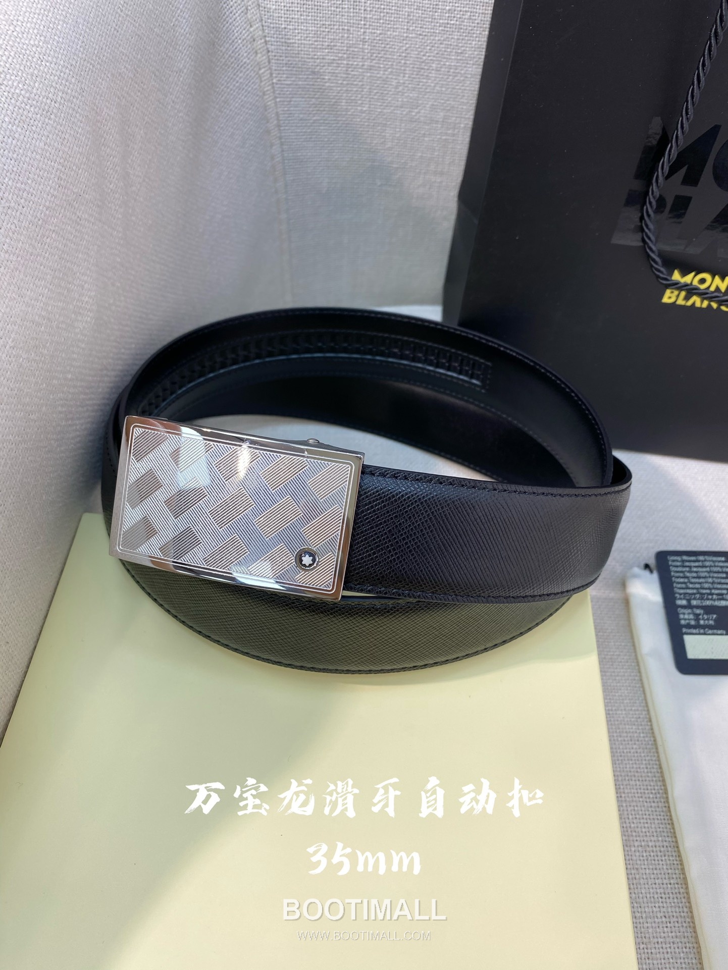 Montblanc Calfskin Leather Belt with Automatic Buckle Palladium 몽블랑 카프스킨 레더 벨트 오토매틱 버클 스테인리스 스틸 팔라듐 피니시 3.4cm 3