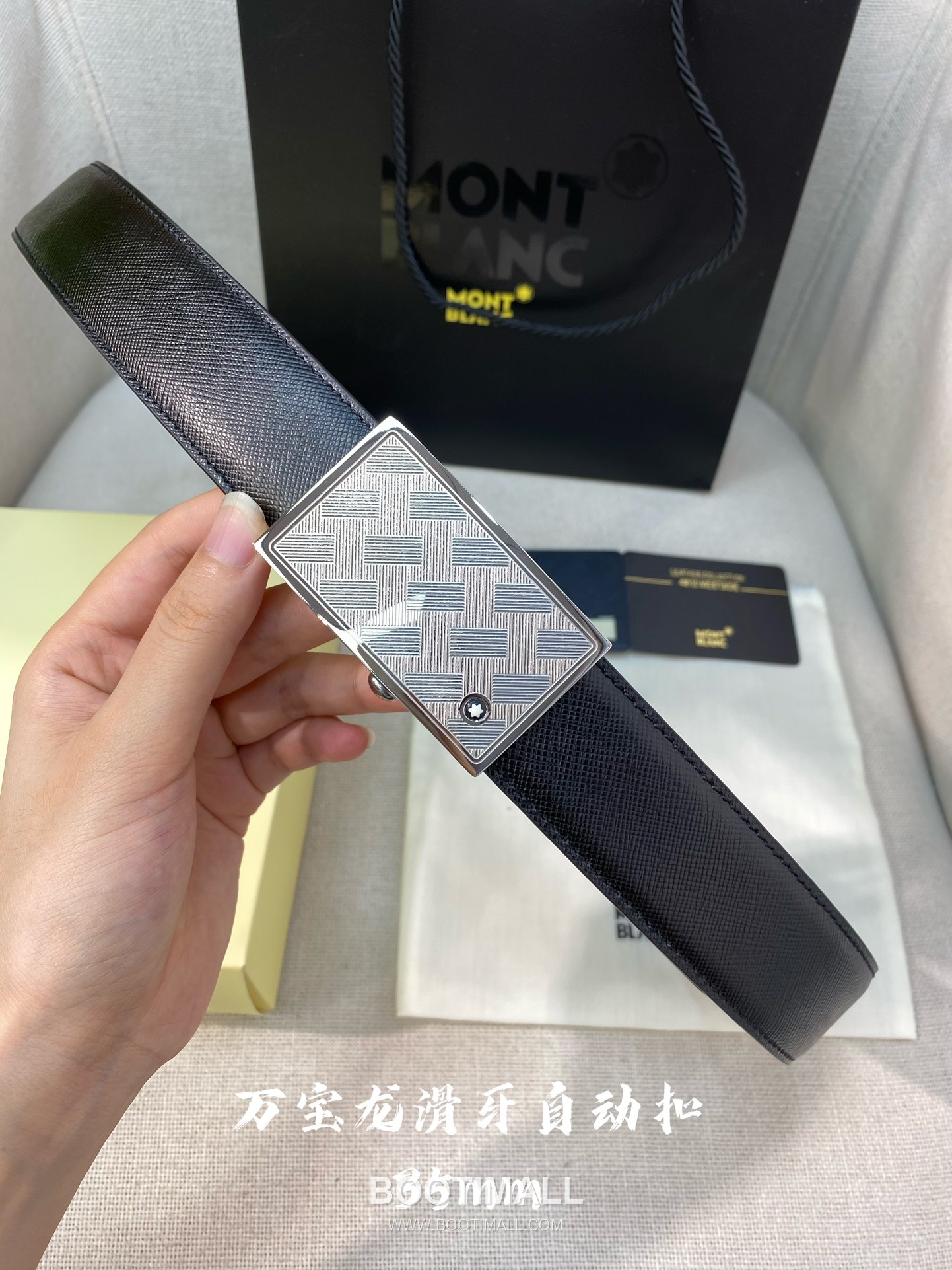Montblanc Calfskin Leather Belt with Automatic Buckle Palladium 몽블랑 카프스킨 레더 벨트 오토매틱 버클 스테인리스 스틸 팔라듐 피니시 3.4cm 5