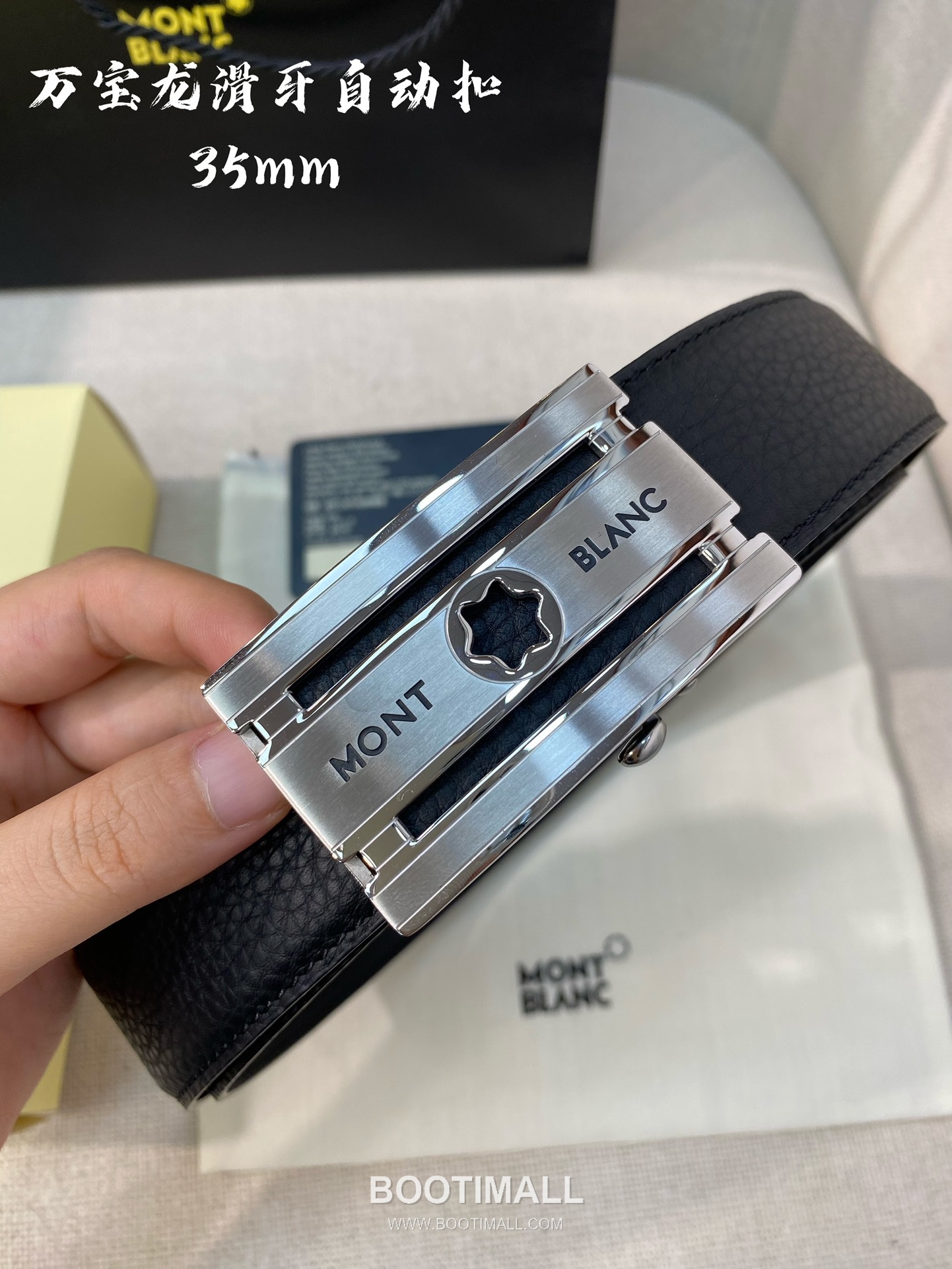 Montblanc Calfskin Leather Belt with Automatic Buckle Palladium 몽블랑 카프스킨 레더 벨트 오토매틱 버클 스테인리스 스틸 팔라듐 피니시 3.4cm 2