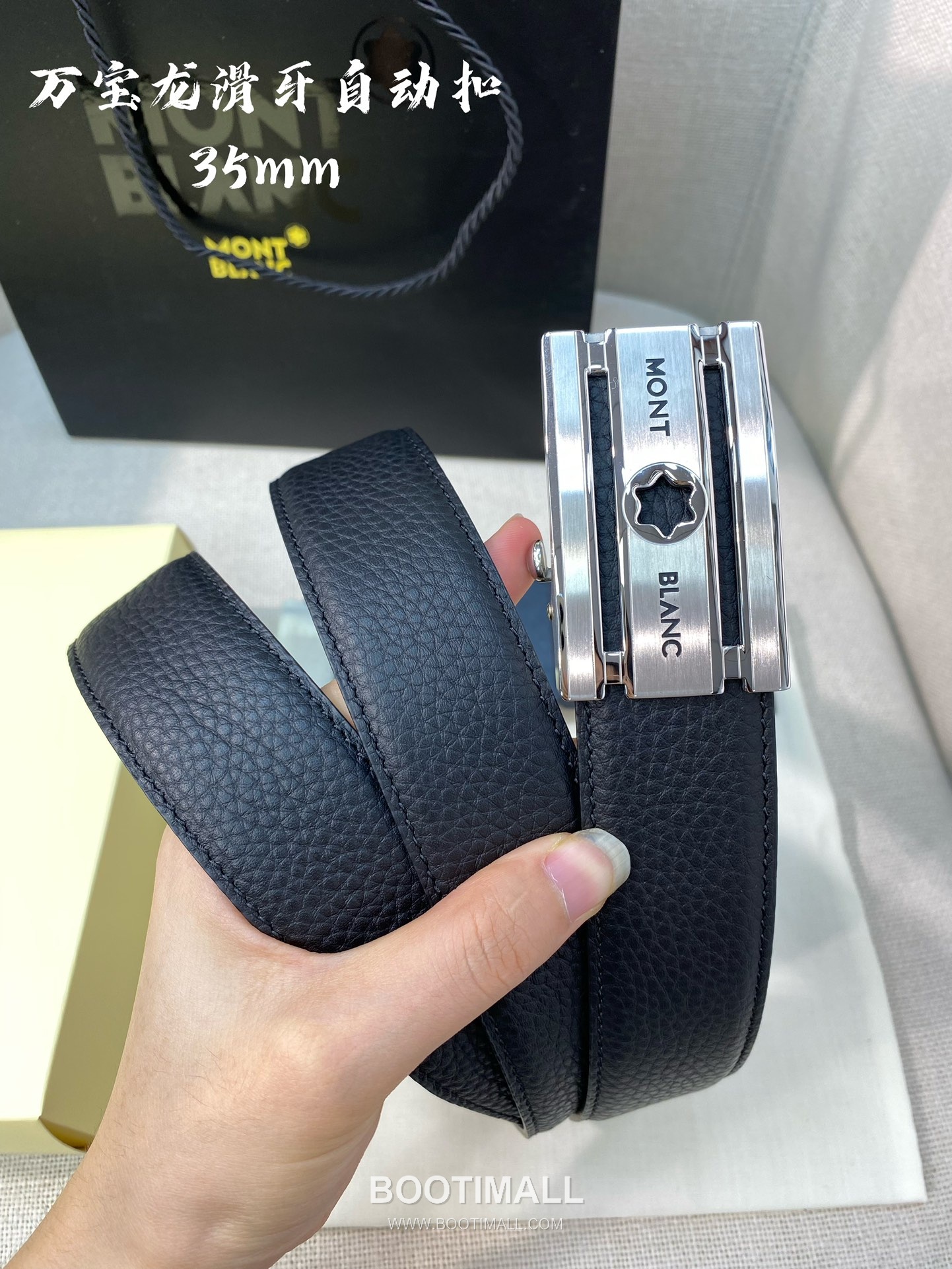 Montblanc Calfskin Leather Belt with Automatic Buckle Palladium 몽블랑 카프스킨 레더 벨트 오토매틱 버클 스테인리스 스틸 팔라듐 피니시 3.4cm 4