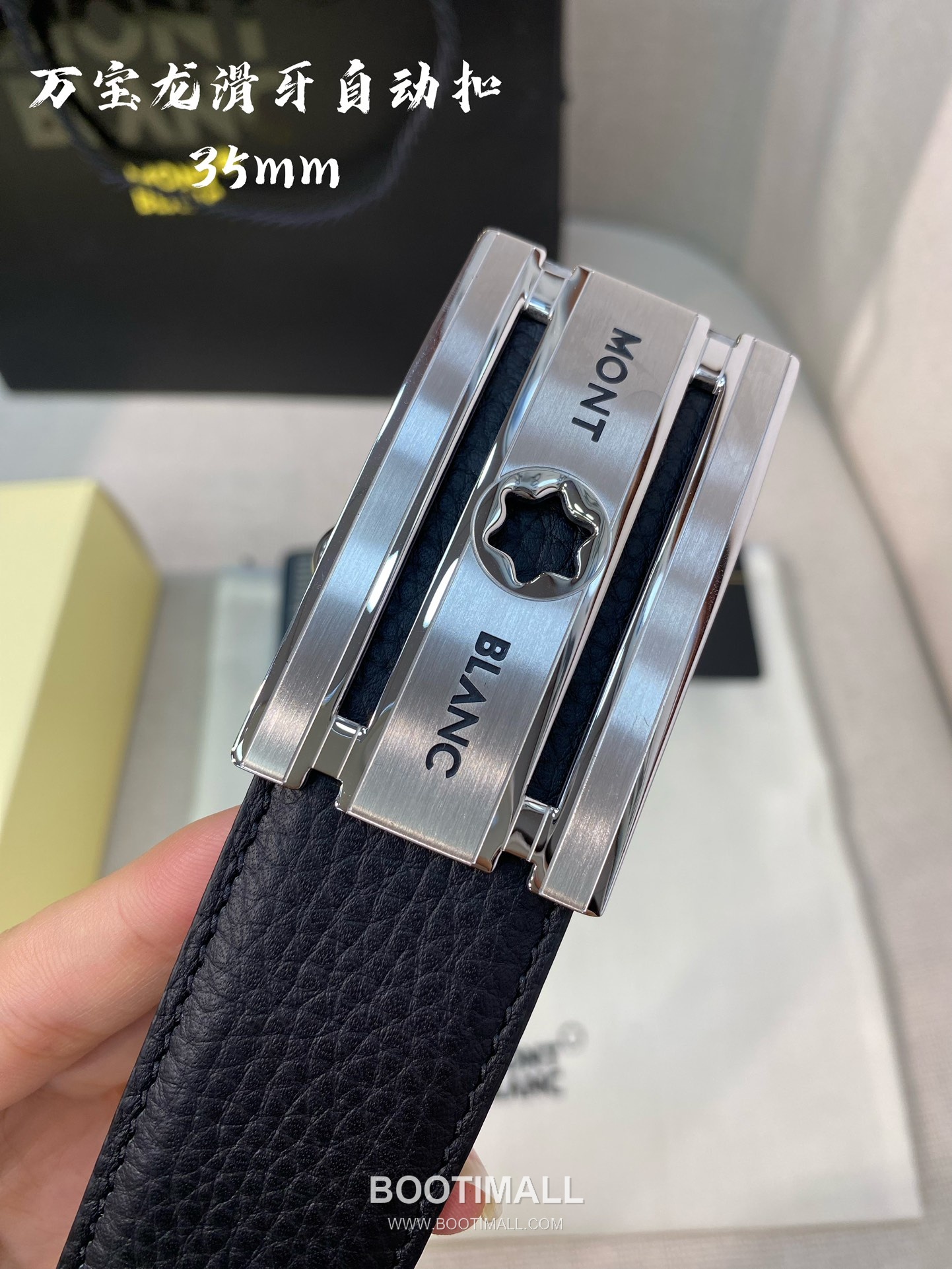 Montblanc Calfskin Leather Belt with Automatic Buckle Palladium 몽블랑 카프스킨 레더 벨트 오토매틱 버클 스테인리스 스틸 팔라듐 피니시 3.4cm 5