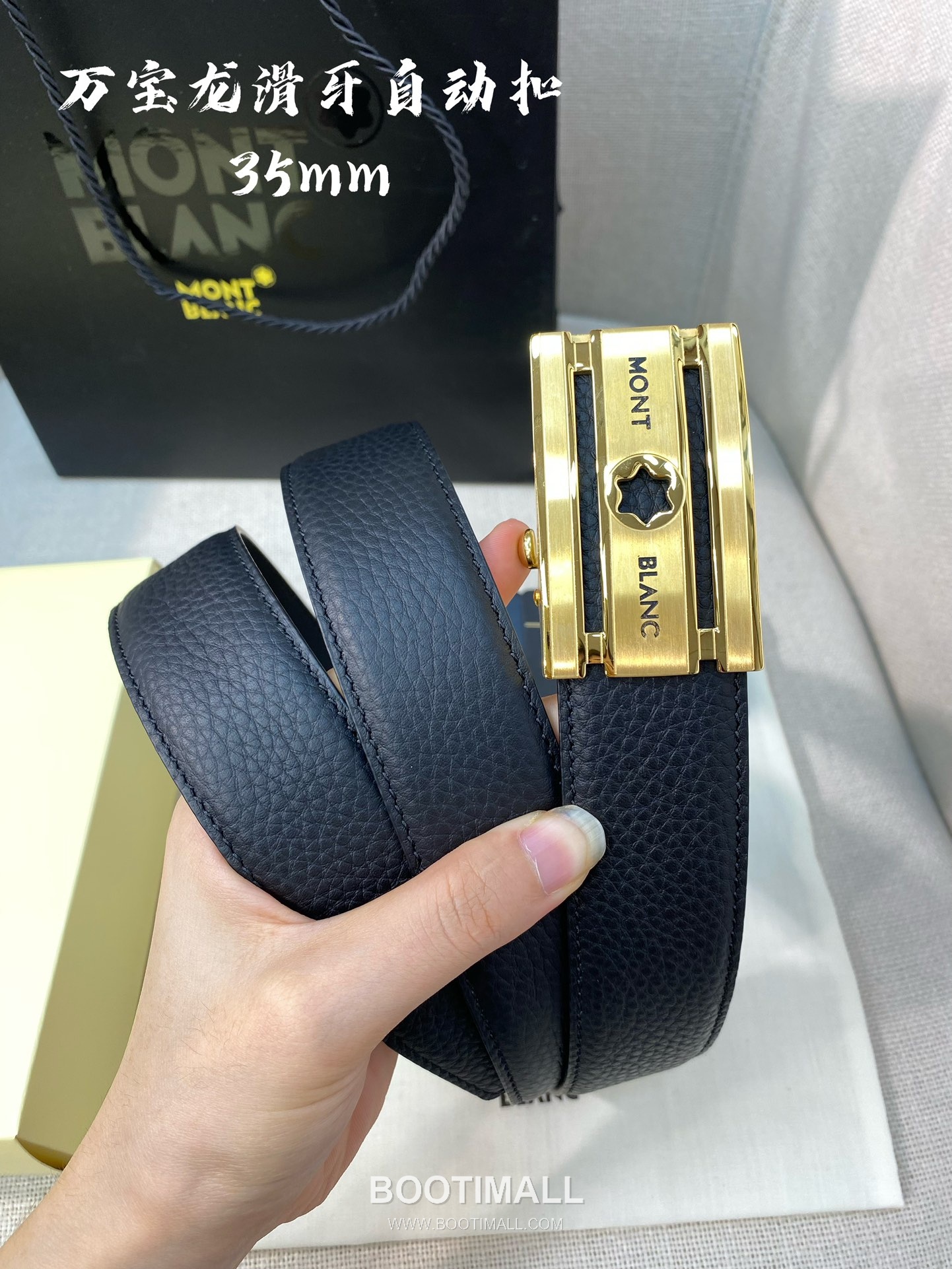 Montblanc Calfskin Leather Belt with Automatic Buckle Palladium 몽블랑 카프스킨 레더 벨트 오토매틱 버클 스테인리스 스틸 팔라듐 피니시 3.4cm 4