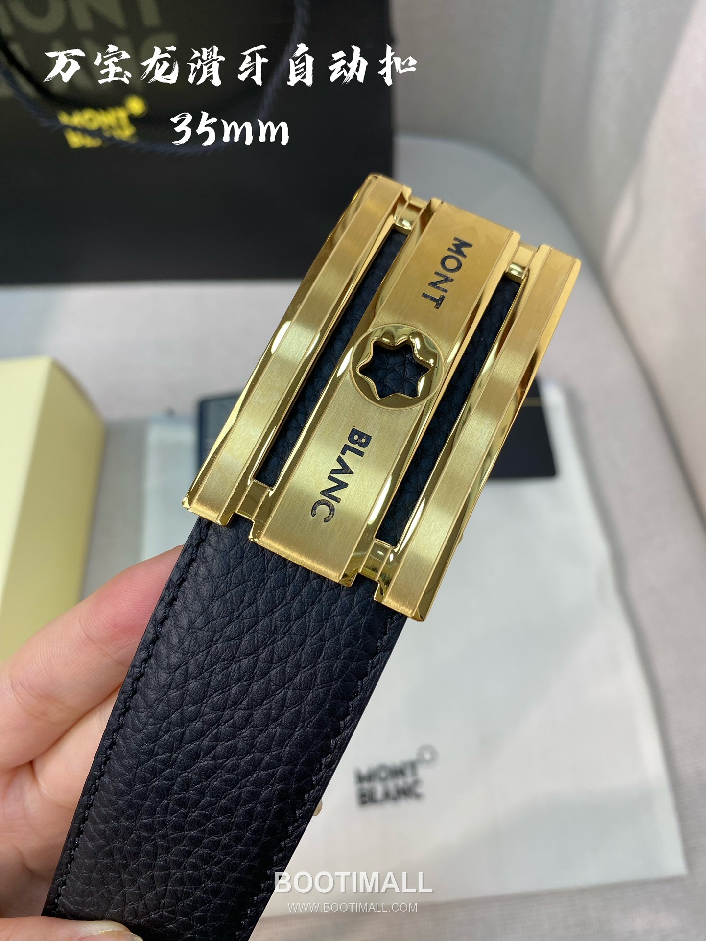 Montblanc Calfskin Leather Belt with Automatic Buckle Palladium 몽블랑 카프스킨 레더 벨트 오토매틱 버클 스테인리스 스틸 팔라듐 피니시 3.4cm 5