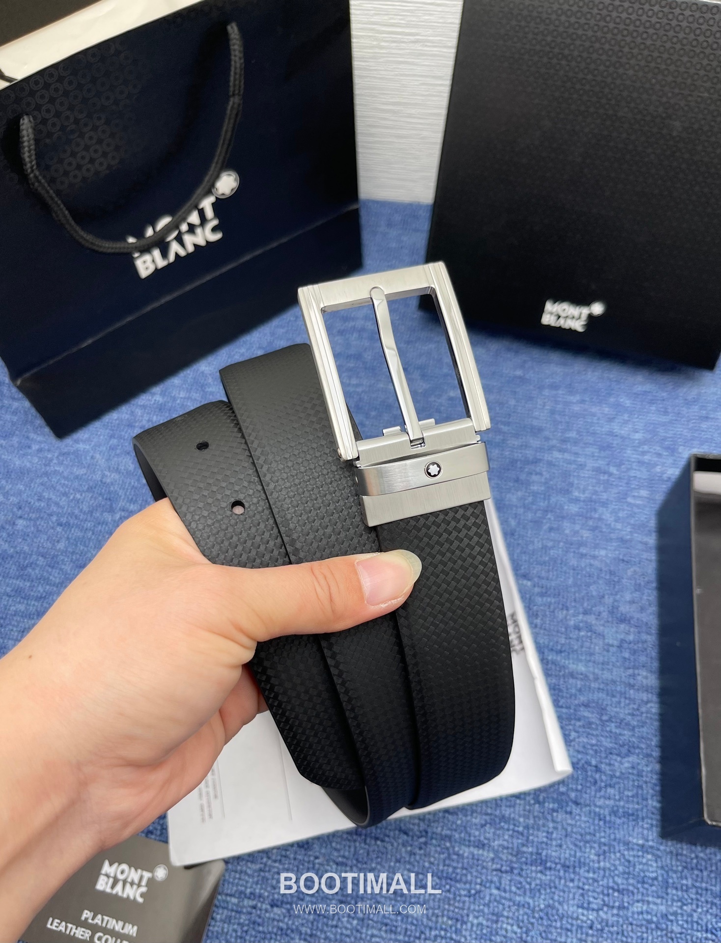 Montblanc Monogram Calfskin Leather Reversible Belt with Logo Buckle Palladium 몽블랑 모노그램 카프스킨 레더 리버서블 벨트 로고 버클 황동 베이스 팔라듐 피니시 3.5cm 2