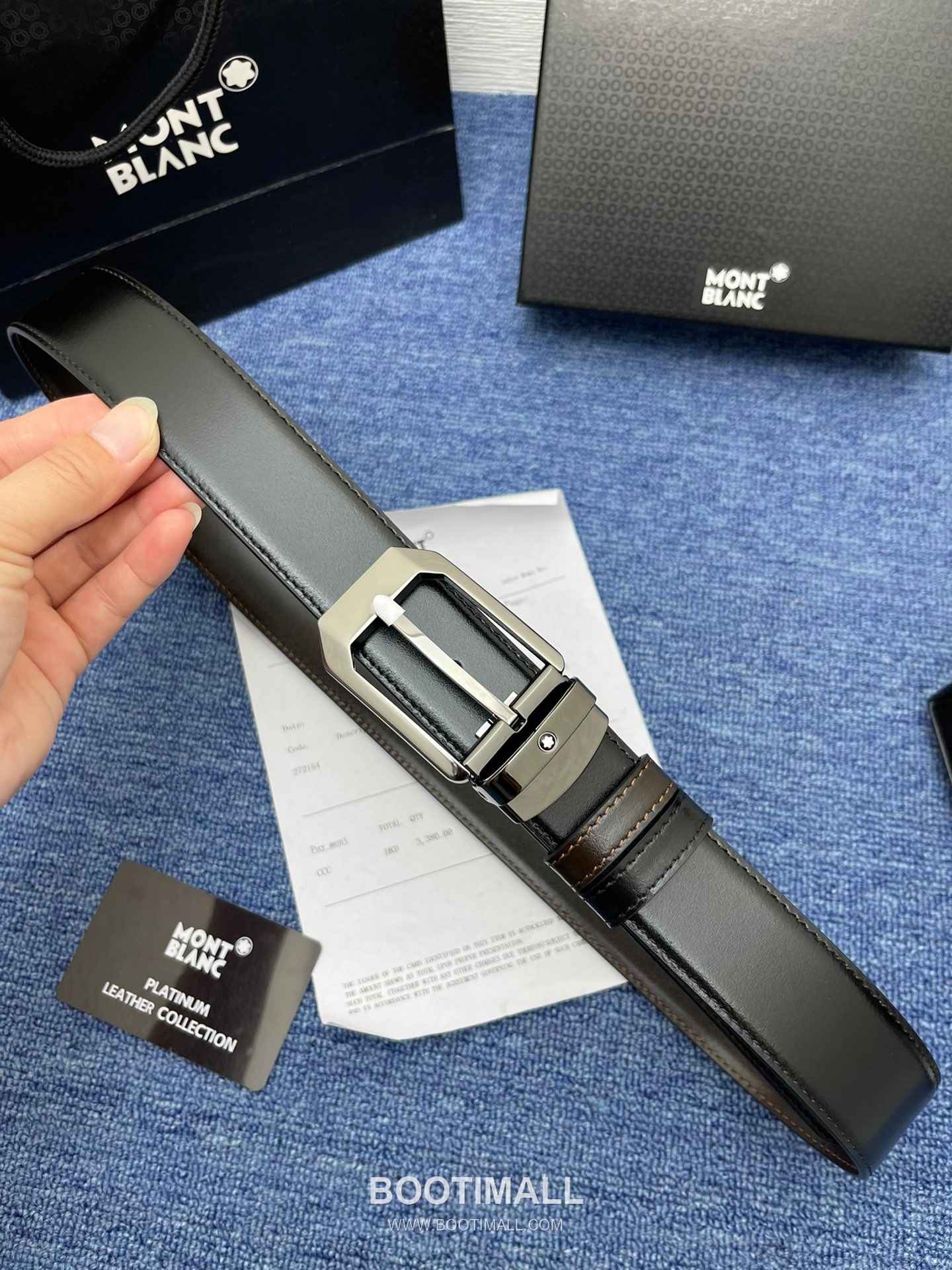 Montblanc Monogram Calfskin Leather Reversible Belt with Logo Buckle Palladium 몽블랑 모노그램 카프스킨 레더 리버서블 벨트 로고 버클 황동 베이스 팔라듐 피니시 3.5cm 1