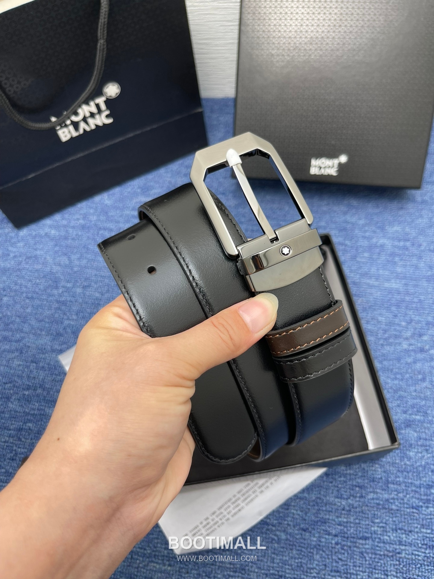 Montblanc Monogram Calfskin Leather Reversible Belt with Logo Buckle Palladium 몽블랑 모노그램 카프스킨 레더 리버서블 벨트 로고 버클 황동 베이스 팔라듐 피니시 3.5cm 2