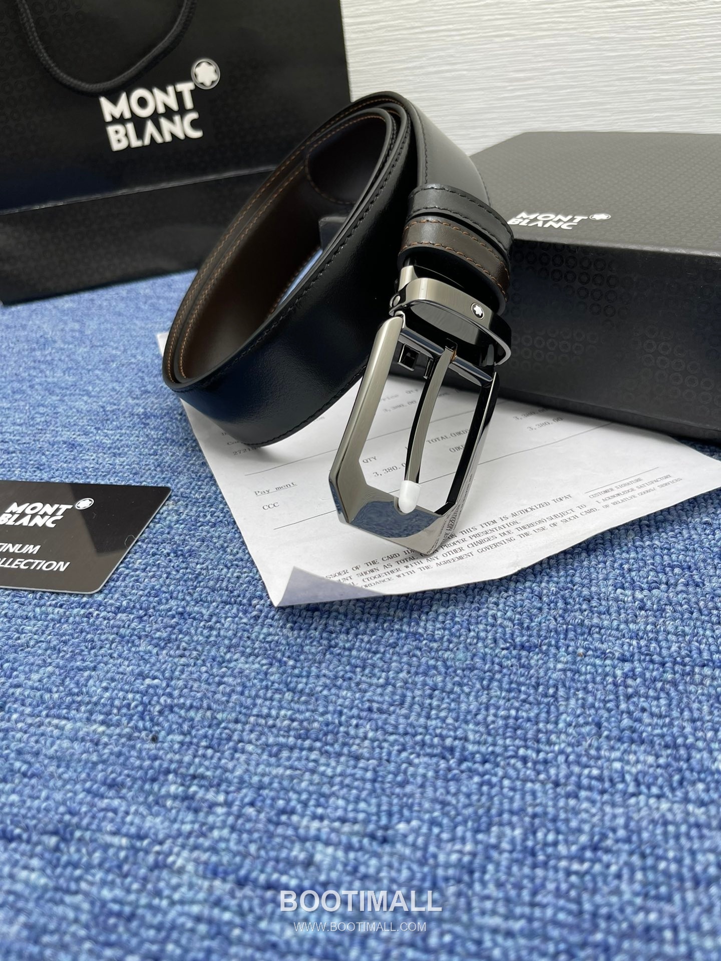 Montblanc Monogram Calfskin Leather Reversible Belt with Logo Buckle Palladium 몽블랑 모노그램 카프스킨 레더 리버서블 벨트 로고 버클 황동 베이스 팔라듐 피니시 3.5cm 3