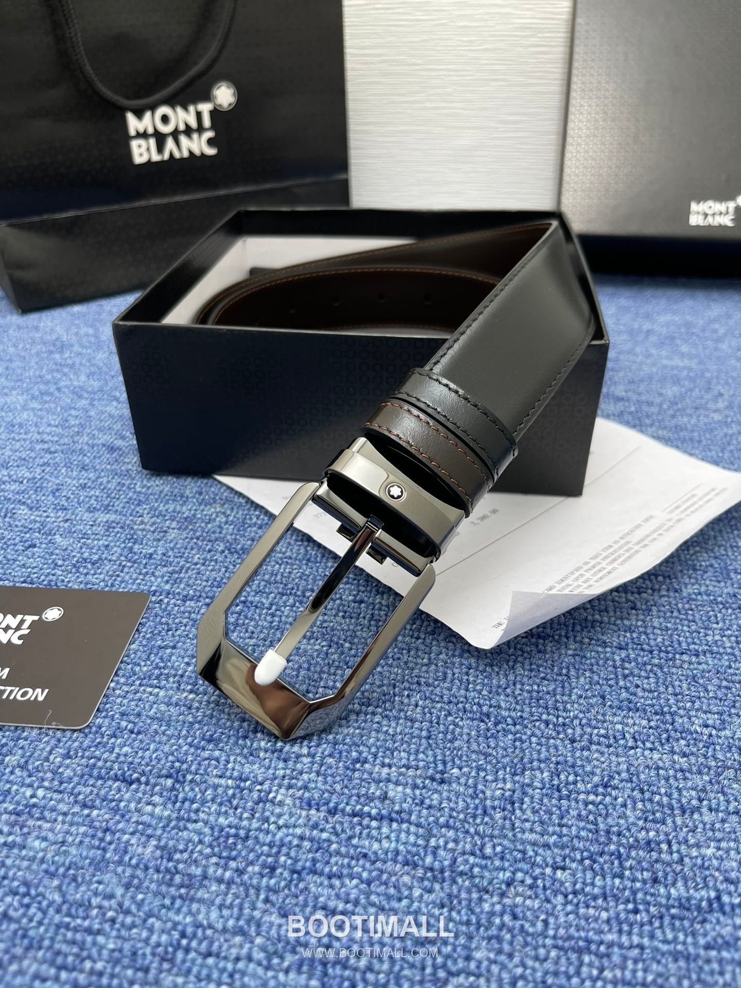Montblanc Monogram Calfskin Leather Reversible Belt with Logo Buckle Palladium 몽블랑 모노그램 카프스킨 레더 리버서블 벨트 로고 버클 황동 베이스 팔라듐 피니시 3.5cm 5