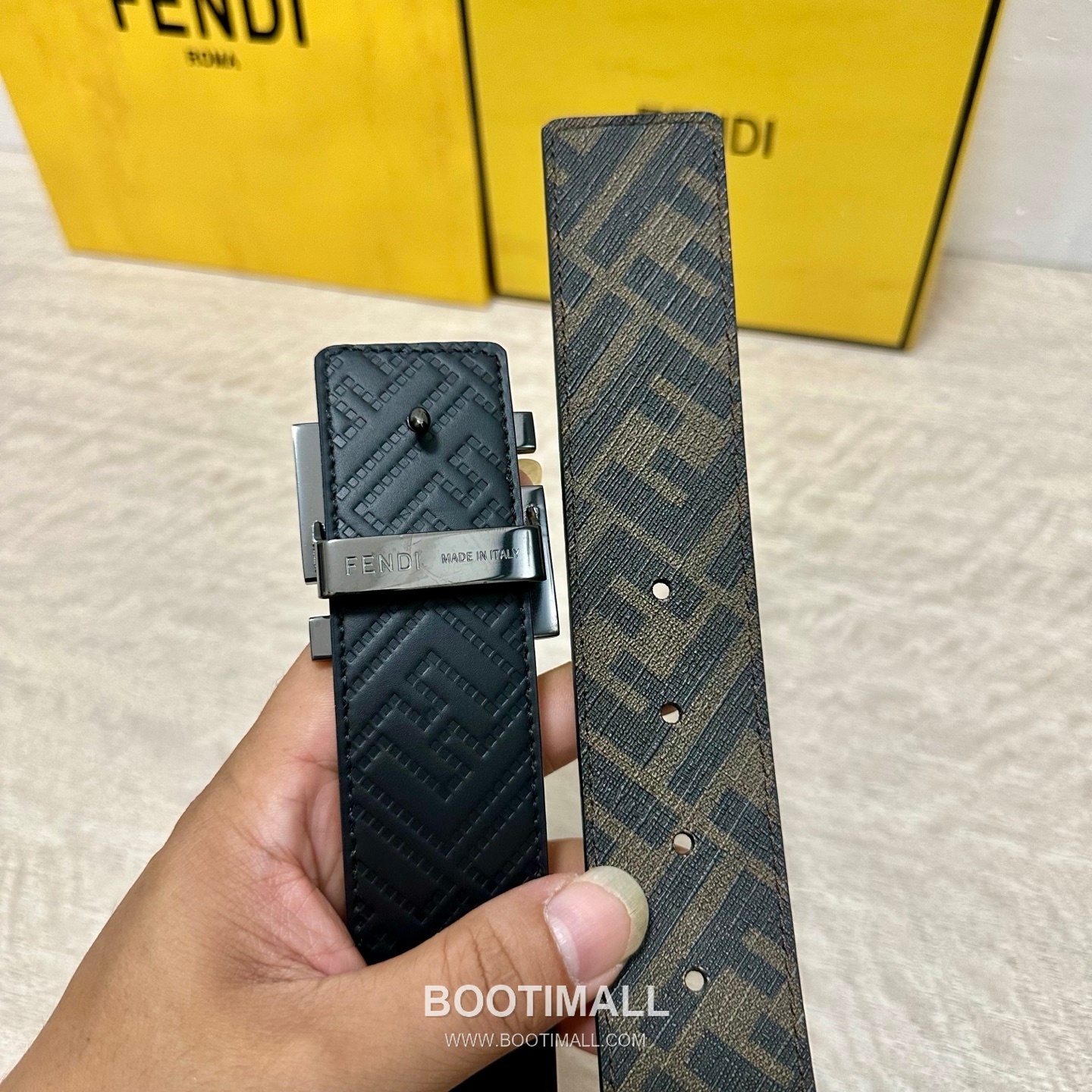 Fendi FF Cuoio Romano Calfskin Reversible Belt with FF Logo Buckle Palladium 펜디 FF 쿠오이오 로마노 카프스킨 리버서블 벨트 FF 로고 버클 황동 베이스 팔라듐 피니시 4.0cm 5