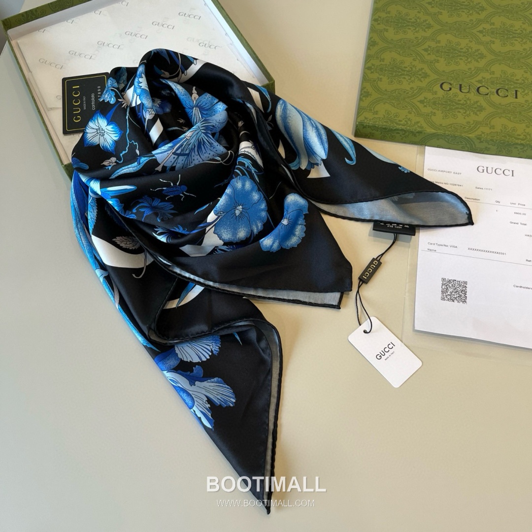 Gucci Logo Floral Silk Square Scarf 100% Silk Print Scarf 구찌 로고 플로럴 실크 스퀘어 스카프 90cm 4