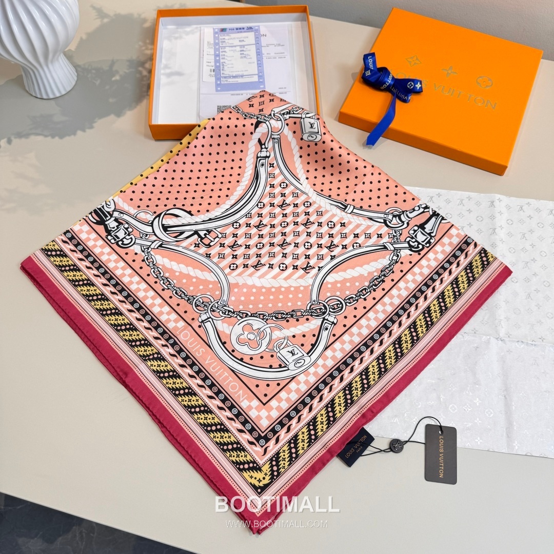 Louis Vuitton Chain Clover Monogram Silk Square Scarf 100% Silk Print Scarf 루이비통 체인 클로버 모노그램 실크 스퀘어 스카프 90cm 2