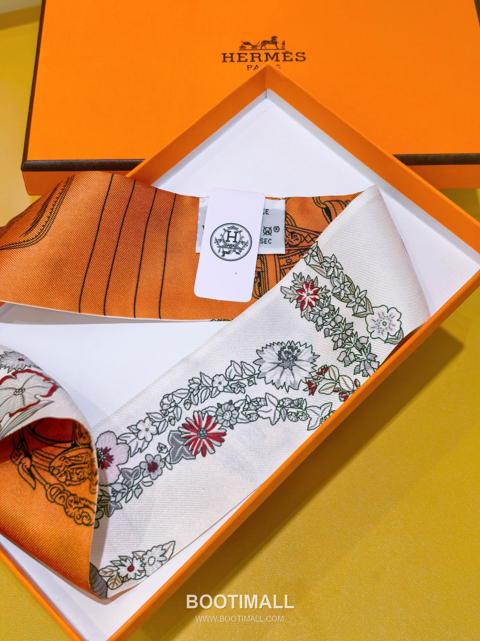 Hermes Splendid Bridle Floral Silk Twill Double Sided Twilly Scarf 100% Silk Print Scarf 에르메스 스플렌디드 브라이들 플로럴 실크 트윌 더블사이드 트윌리 스카프 PHMS2520 86cm 6