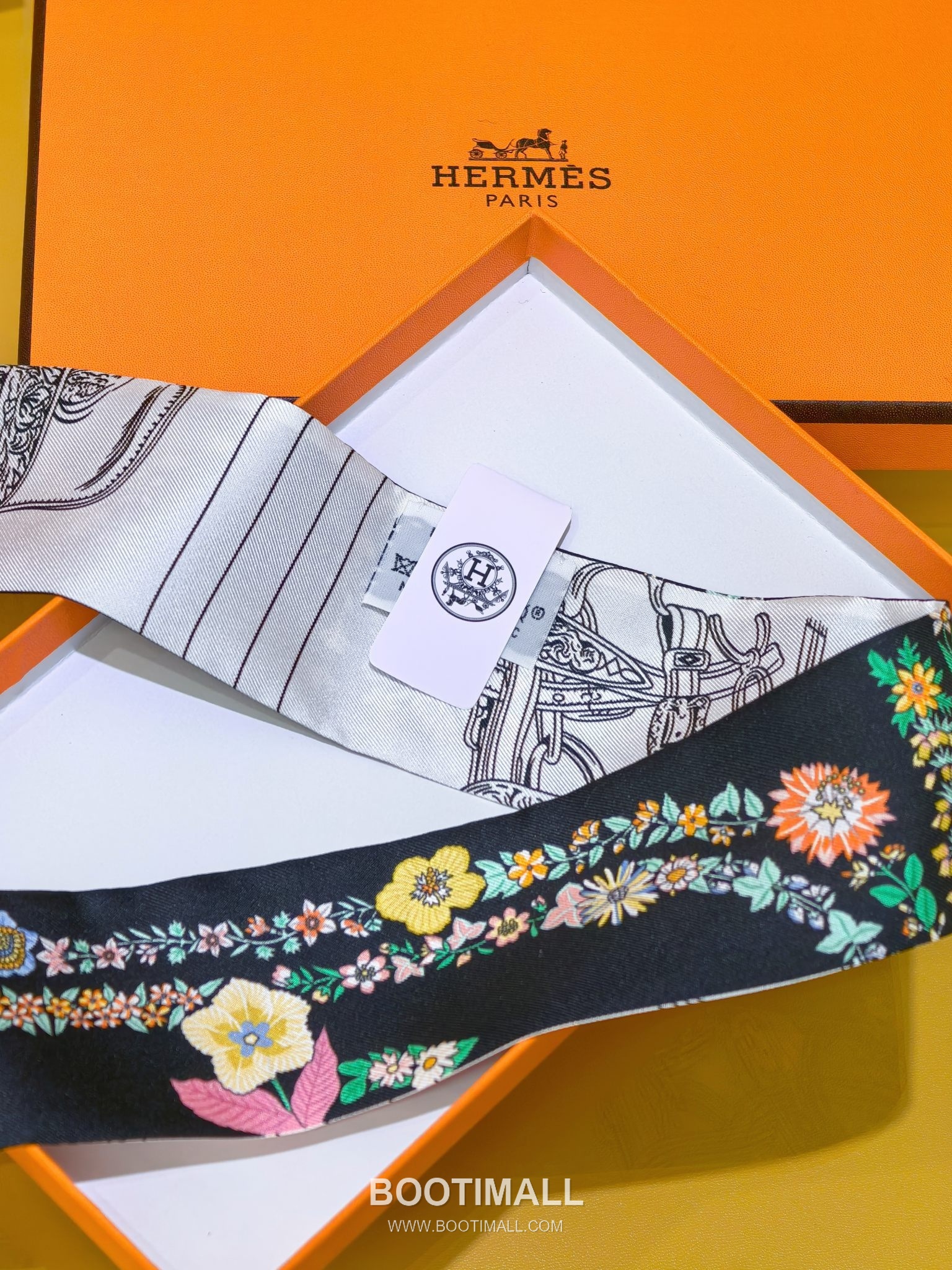 Hermes Splendid Bridle Floral Silk Twill Double Sided Twilly Scarf 100% Silk Print Scarf 에르메스 스플렌디드 브라이들 플로럴 실크 트윌 더블사이드 트윌리 스카프 PHMS2520 86cm 6