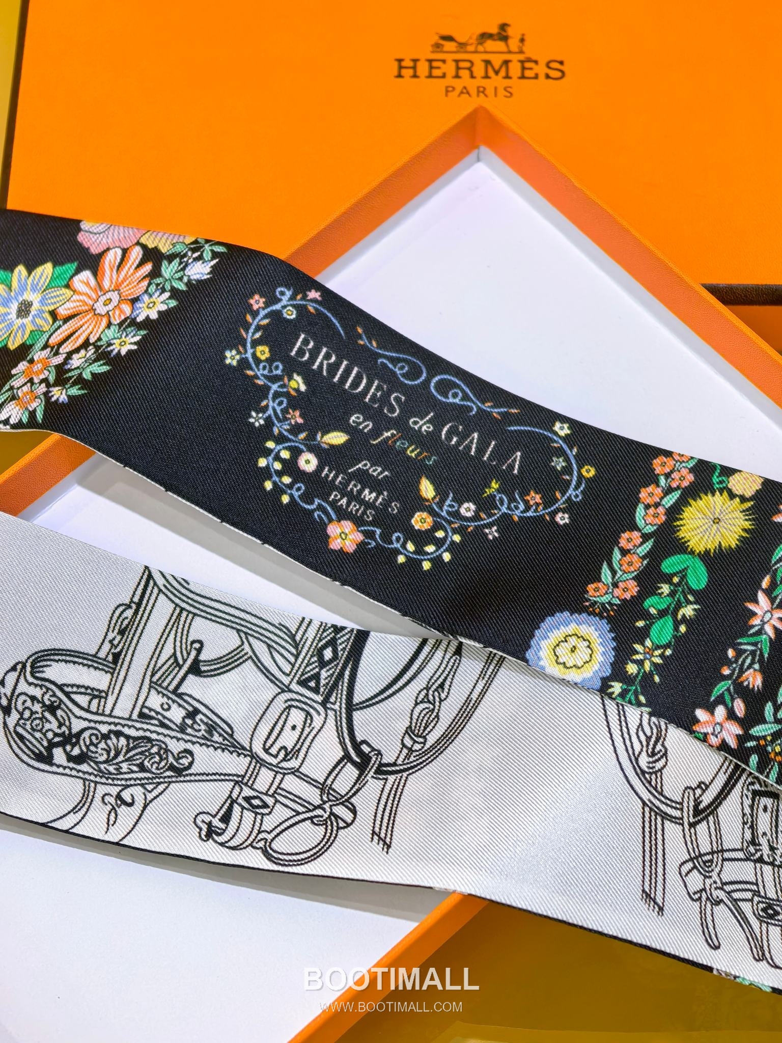 Hermes Splendid Bridle Floral Silk Twill Double Sided Twilly Scarf 100% Silk Print Scarf 에르메스 스플렌디드 브라이들 플로럴 실크 트윌 더블사이드 트윌리 스카프 PHMS2520 86cm 7