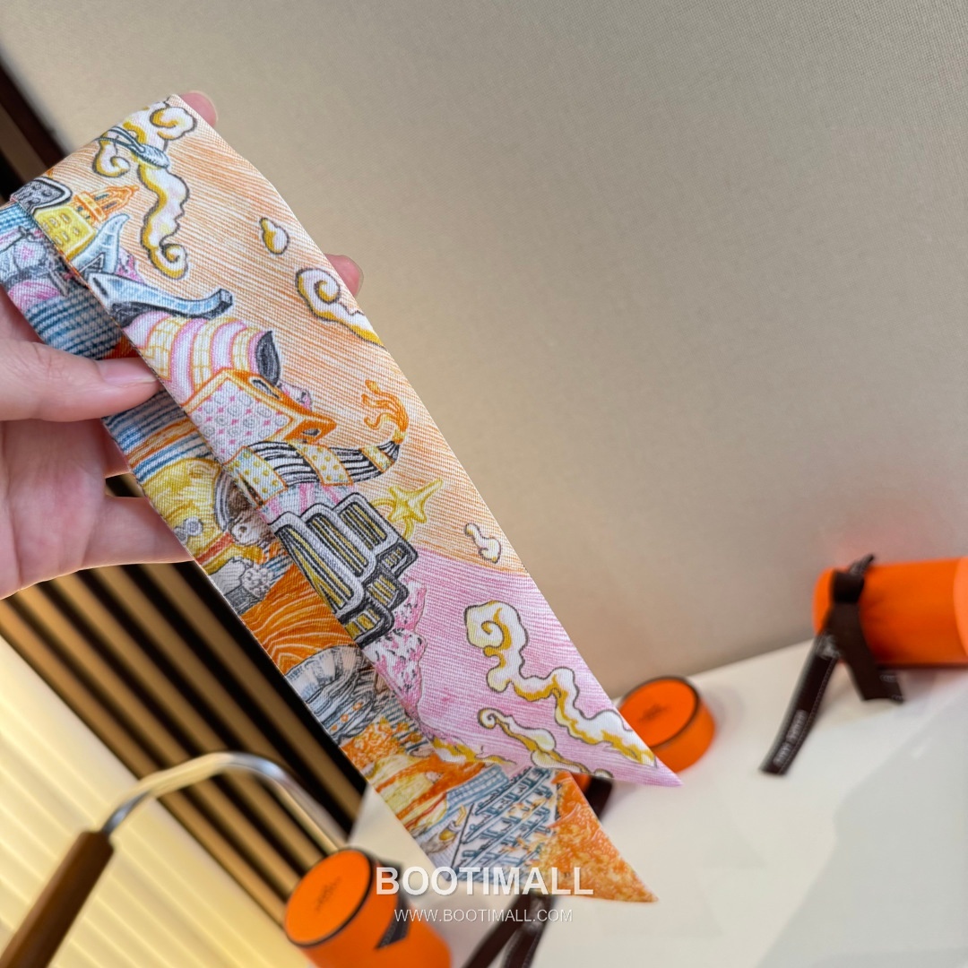 Hermes City of Light Silk Twill Double Sided Twilly Scarf 100% Silk Print Scarf 에르메스 시티 오브 라이트 실크 트윌 더블사이드 트윌리 스카프 86cm 6