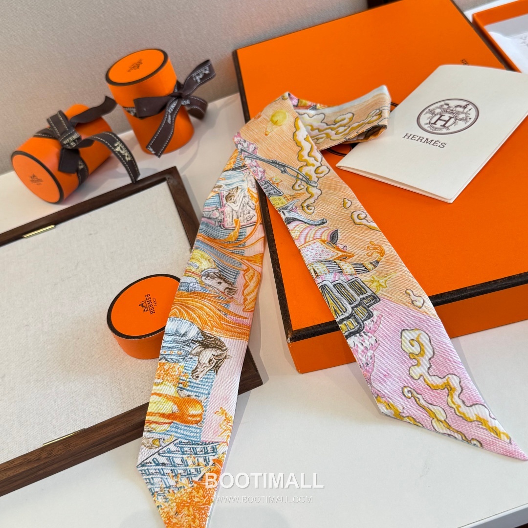 Hermes City of Light Silk Twill Double Sided Twilly Scarf 100% Silk Print Scarf 에르메스 시티 오브 라이트 실크 트윌 더블사이드 트윌리 스카프 86cm 8