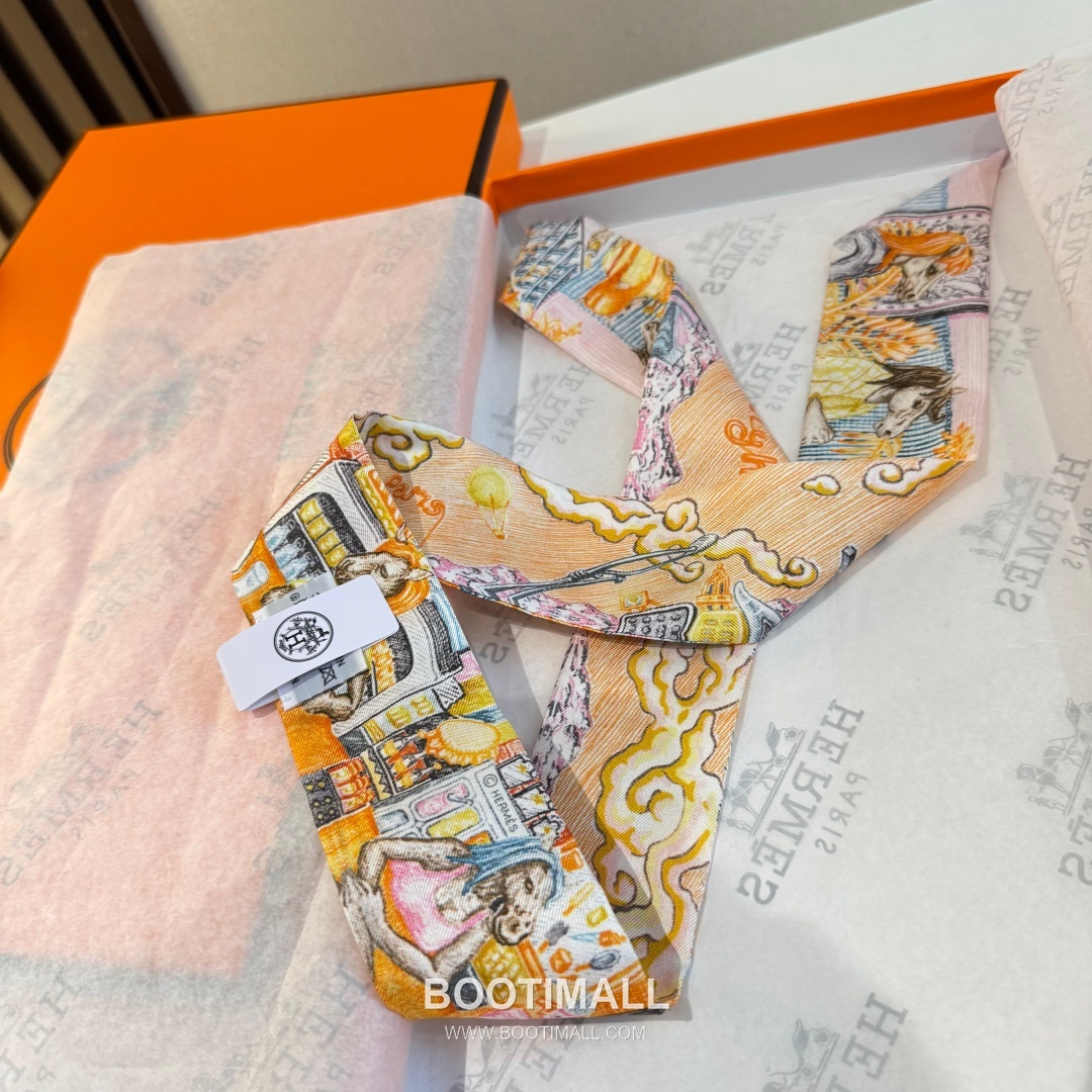 Hermes City of Light Silk Twill Double Sided Twilly Scarf 100% Silk Print Scarf 에르메스 시티 오브 라이트 실크 트윌 더블사이드 트윌리 스카프 86cm 11