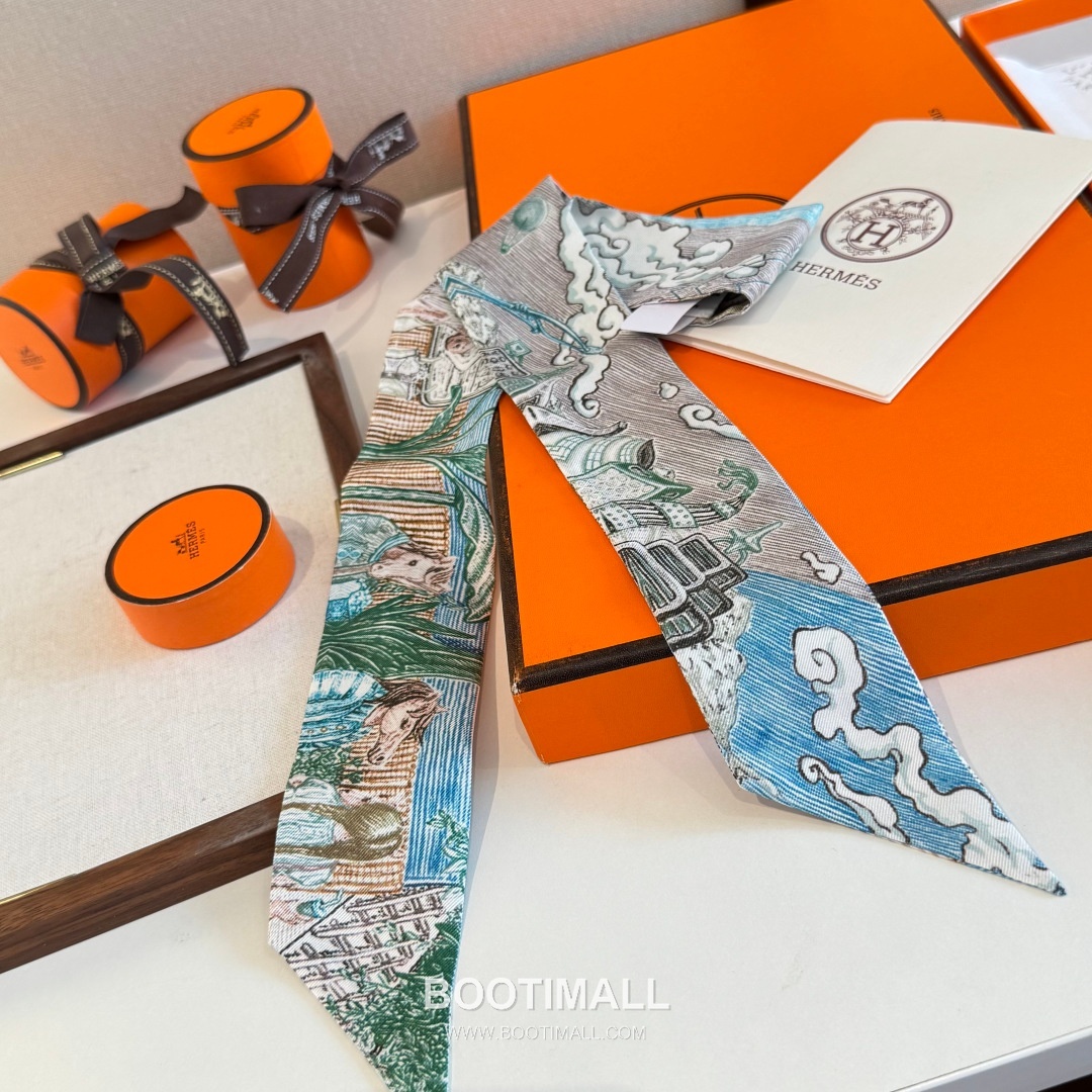 Hermes City of Light Silk Twill Double Sided Twilly Scarf 100% Silk Print Scarf 에르메스 시티 오브 라이트 실크 트윌 더블사이드 트윌리 스카프 86cm 8