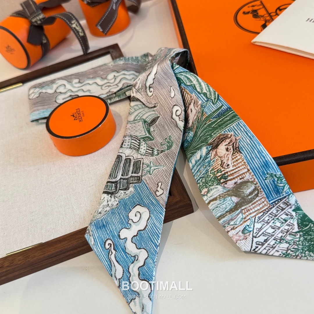 Hermes City of Light Silk Twill Double Sided Twilly Scarf 100% Silk Print Scarf 에르메스 시티 오브 라이트 실크 트윌 더블사이드 트윌리 스카프 86cm 9