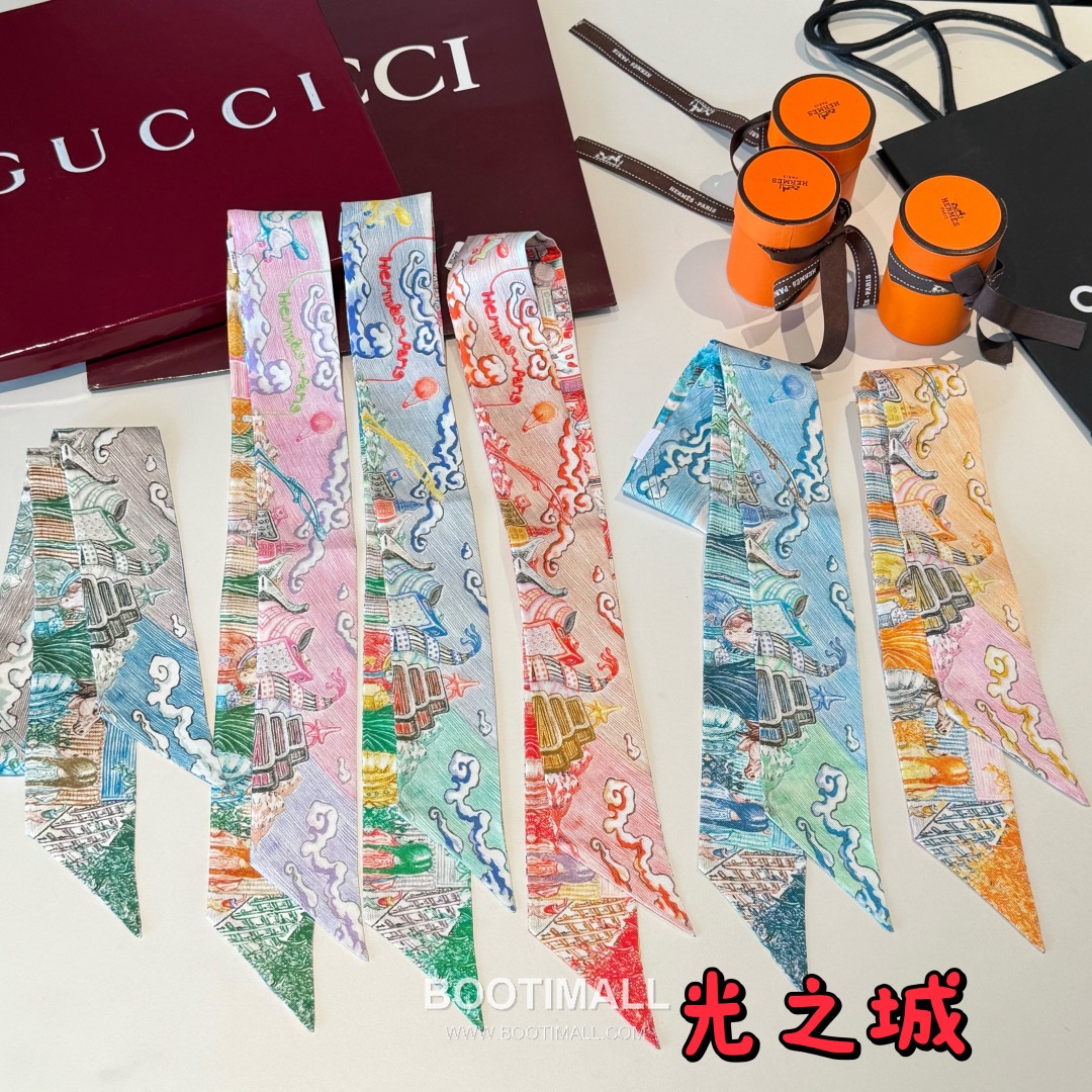 Hermes City of Light Silk Twill Double Sided Twilly Scarf 100% Silk Print Scarf 에르메스 시티 오브 라이트 실크 트윌 더블사이드 트윌리 스카프 86cm 3