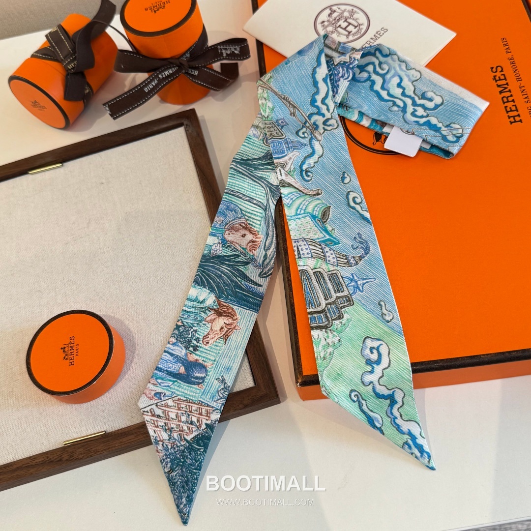 Hermes City of Light Silk Twill Double Sided Twilly Scarf 100% Silk Print Scarf 에르메스 시티 오브 라이트 실크 트윌 더블사이드 트윌리 스카프 86cm 7