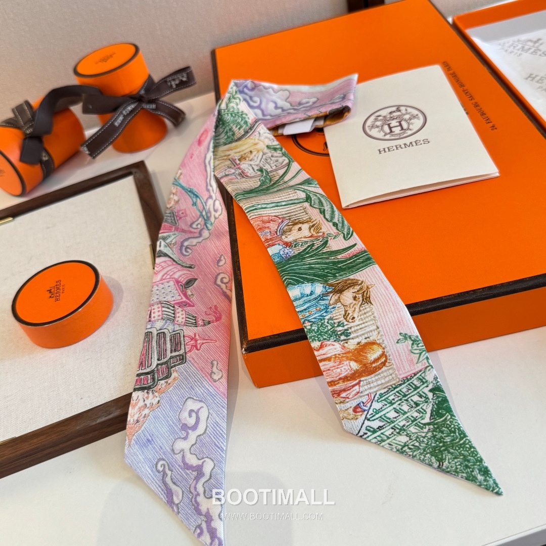 Hermes City of Light Silk Twill Double Sided Twilly Scarf 100% Silk Print Scarf 에르메스 시티 오브 라이트 실크 트윌 더블사이드 트윌리 스카프 86cm 9