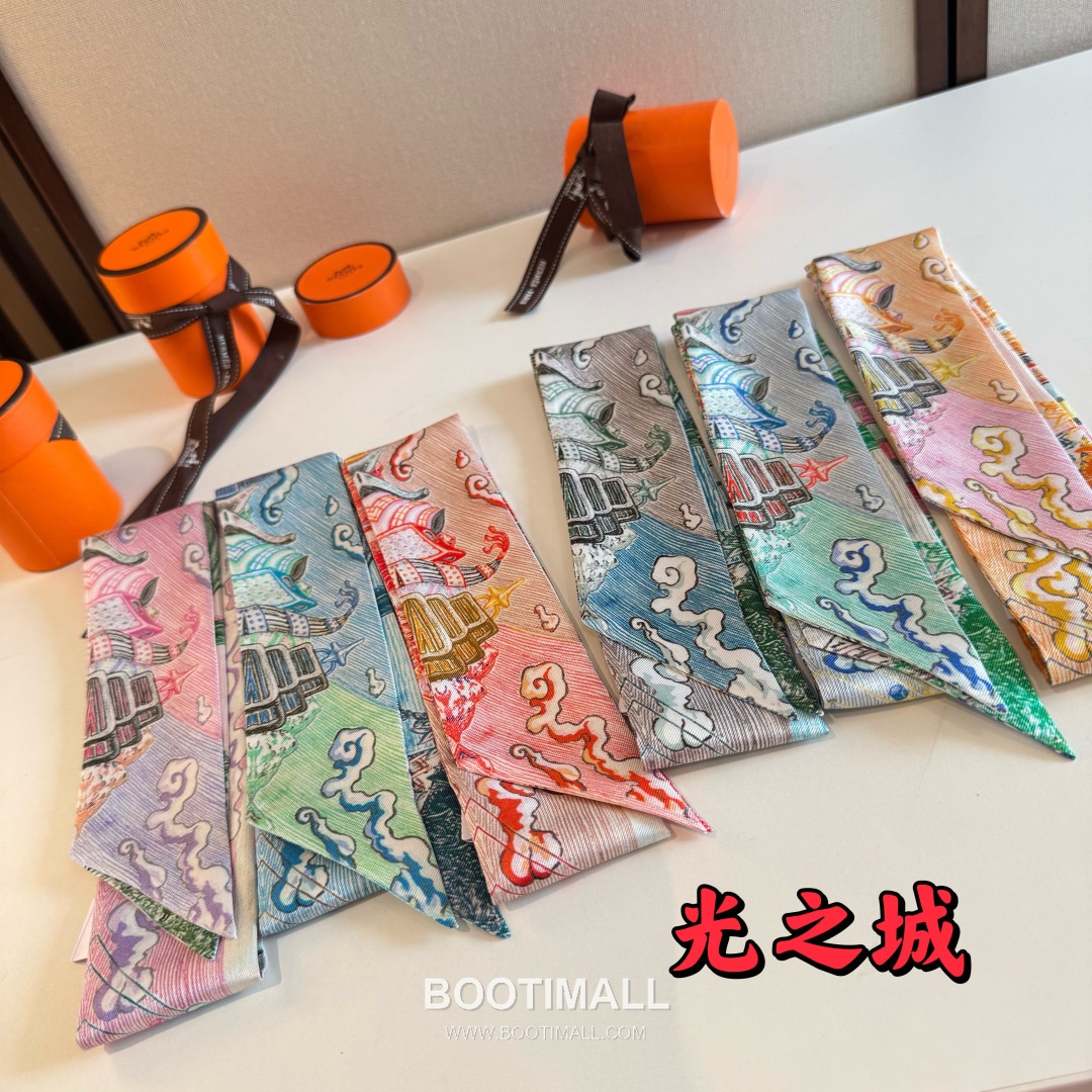 Hermes City of Light Silk Twill Double Sided Twilly Scarf 100% Silk Print Scarf 에르메스 시티 오브 라이트 실크 트윌 더블사이드 트윌리 스카프 86cm 2