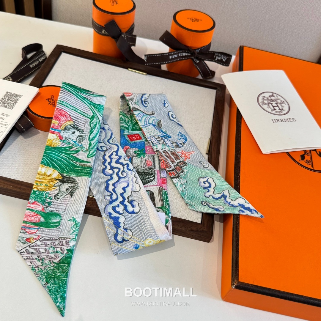 Hermes City of Light Silk Twill Double Sided Twilly Scarf 100% Silk Print Scarf 에르메스 시티 오브 라이트 실크 트윌 더블사이드 트윌리 스카프 86cm 4