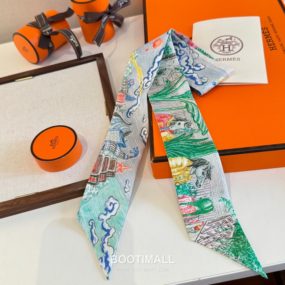 Hermes City of Light Silk Twill Double Sided Twilly Scarf 100% Silk Print Scarf 에르메스 시티 오브 라이트 실크 트윌 더블사이드 트윌리 스카프 86cm 7