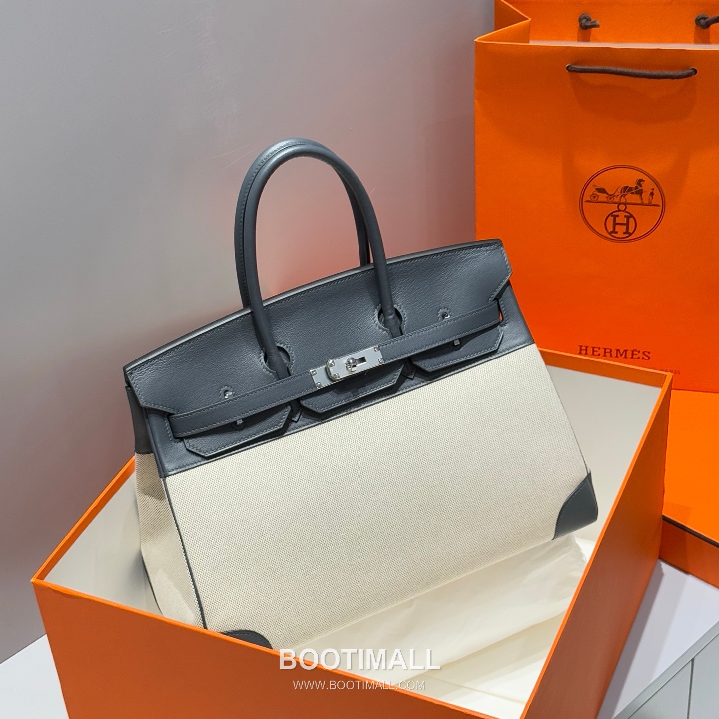 Hermes Birkin 35 Swift Leather Canvas Tote Bag with Flap Lock Detail 에르메스 버킨 35 스위프트 레더 캔버스 토트백 플랩락 12110013 35cm 15