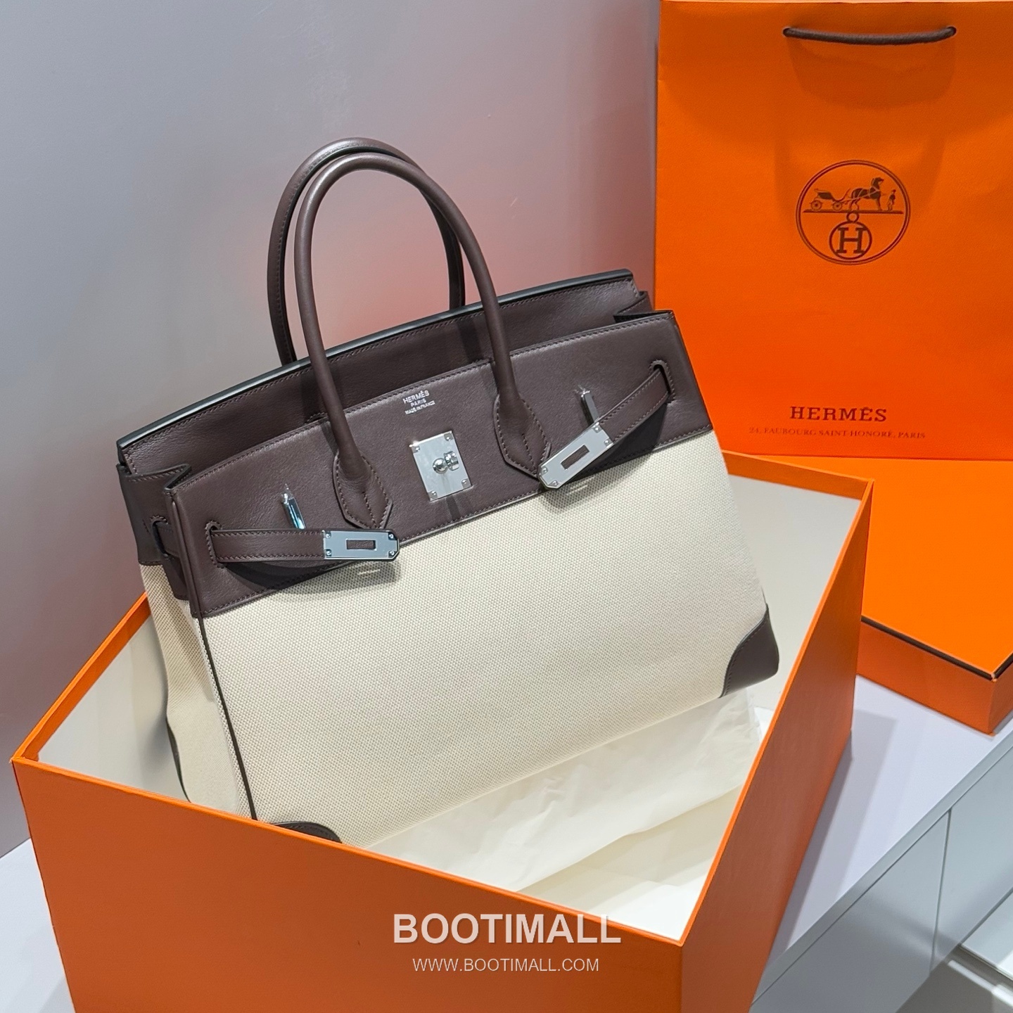 Hermes Birkin 35 Swift Leather Canvas Tote Bag with Flap Lock Detail 에르메스 버킨 35 스위프트 레더 캔버스 토트백 플랩락 12110013 35cm 15