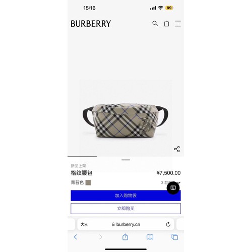 Burberry Check Canvas Crossbody Waist Bag with Knight Logo Detail 버버리 체크 캔버스 크로스바디 힙색 나이트 로고 780148 33cm
